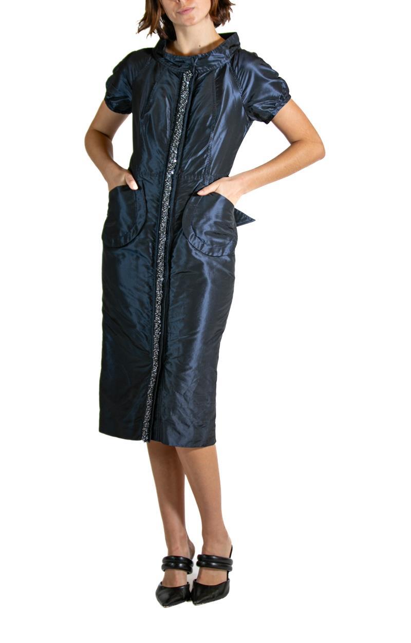 1990S REDUX CHARLES CHANG-LIMA Navy Blue Beaded Silk Cocktail Dress With Bow In Excellent Condition For Sale In New York, NY