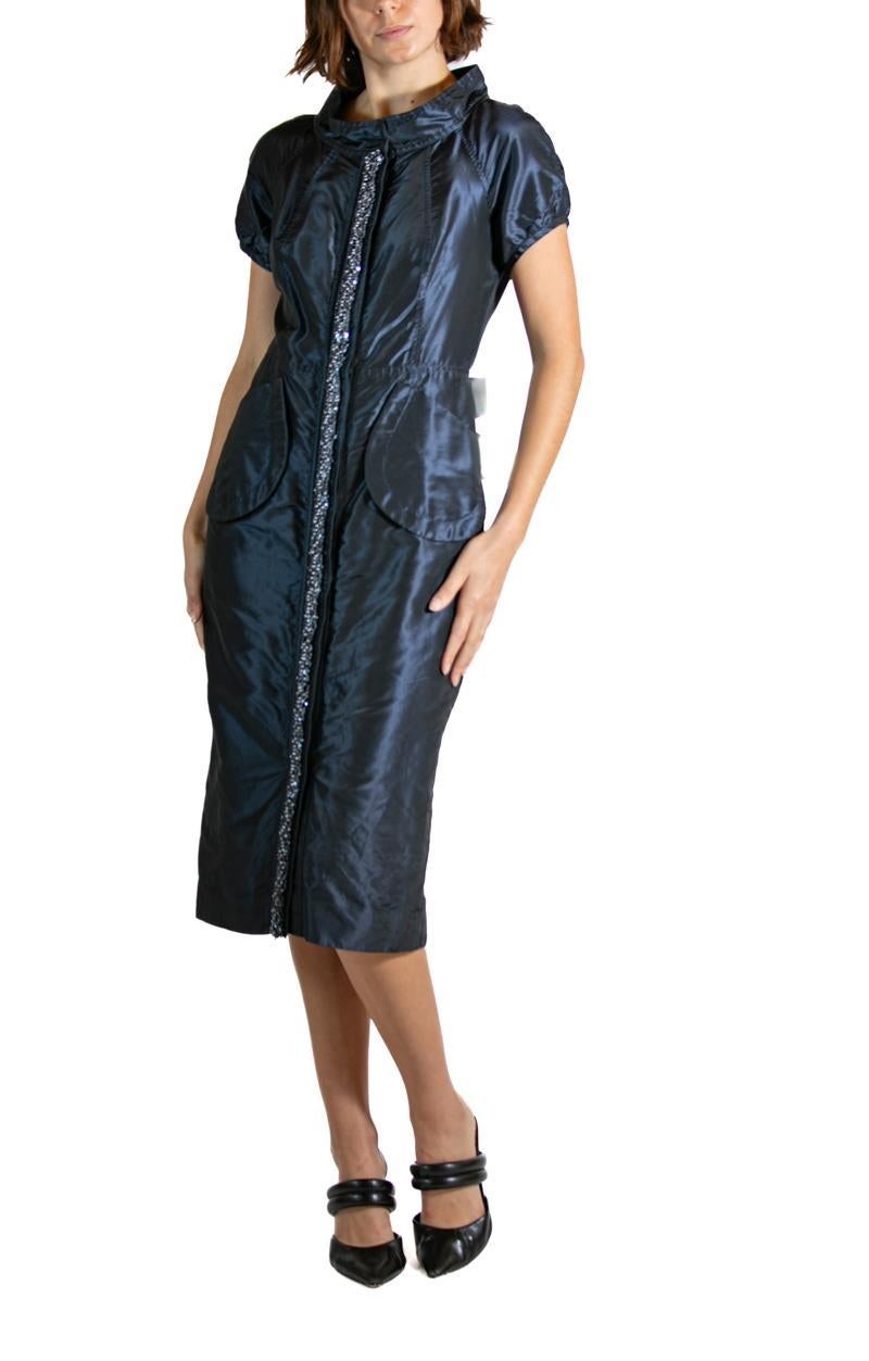 1990S REDUX CHARLES CHANG-LIMA Navy Blue Beaded Silk Cocktail Dress With Bow For Sale 1