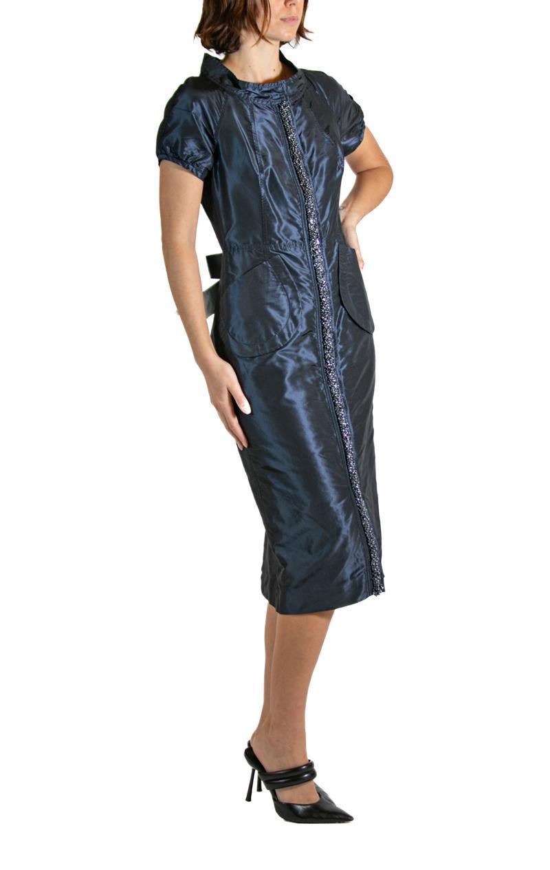 1990S REDUX CHARLES CHANG-LIMA Navy Blue Beaded Silk Cocktail Dress With Bow For Sale 3