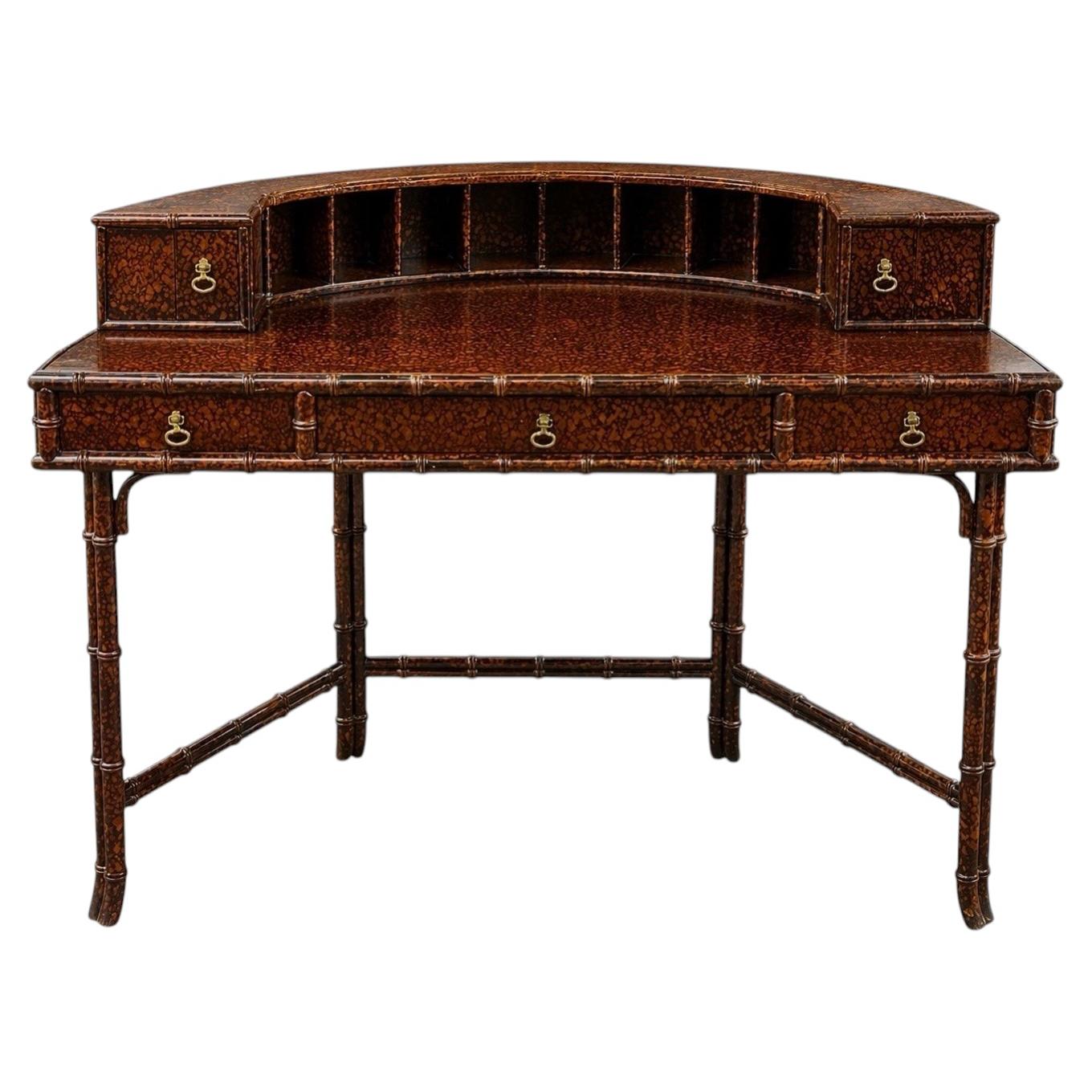 1990s Regency Style Faux Bamboo & Tortoise Lacquer Carlton House Rattan Desk