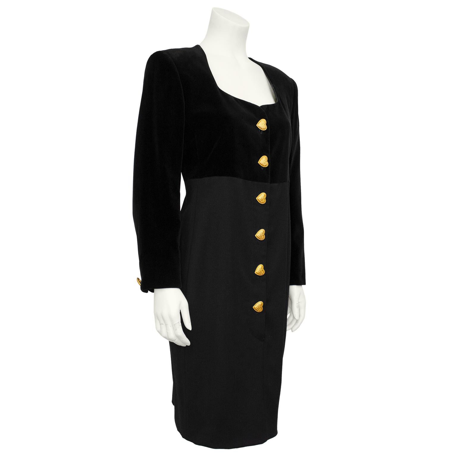 Excellent condition black velvet and wool body-con dress very inspired by the popular YSL dresses from the 1980's. Sweet-heart neckline complimented by heart shaped gilt metal buttons down the front and on the cuffs with raised design work including