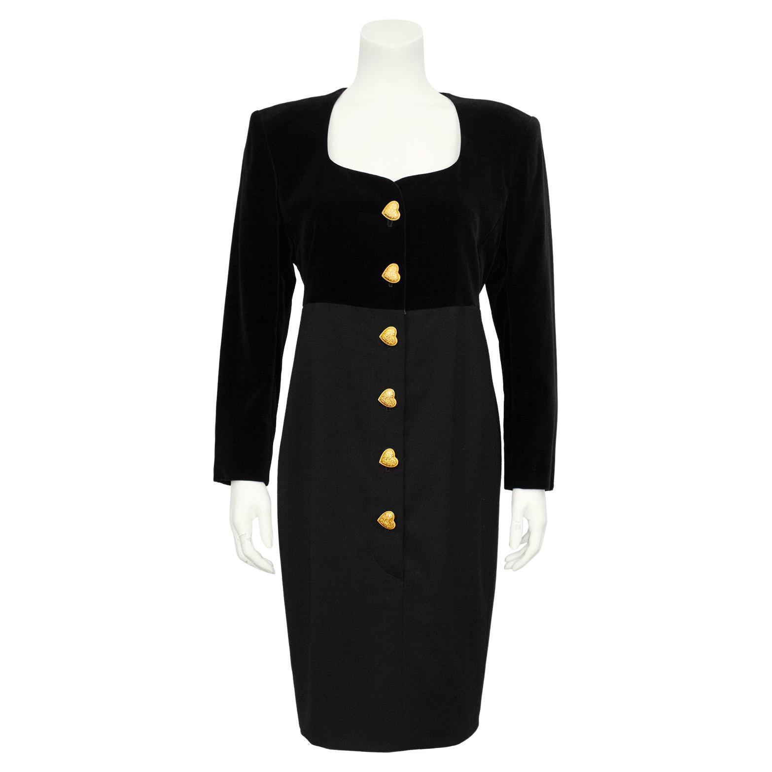 1990s Rena Lange Black Velvet and Wool Dress with Gold heart Buttons