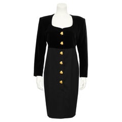 1990s Rena Lange Black Velvet and Wool Dress with Gold heart Buttons