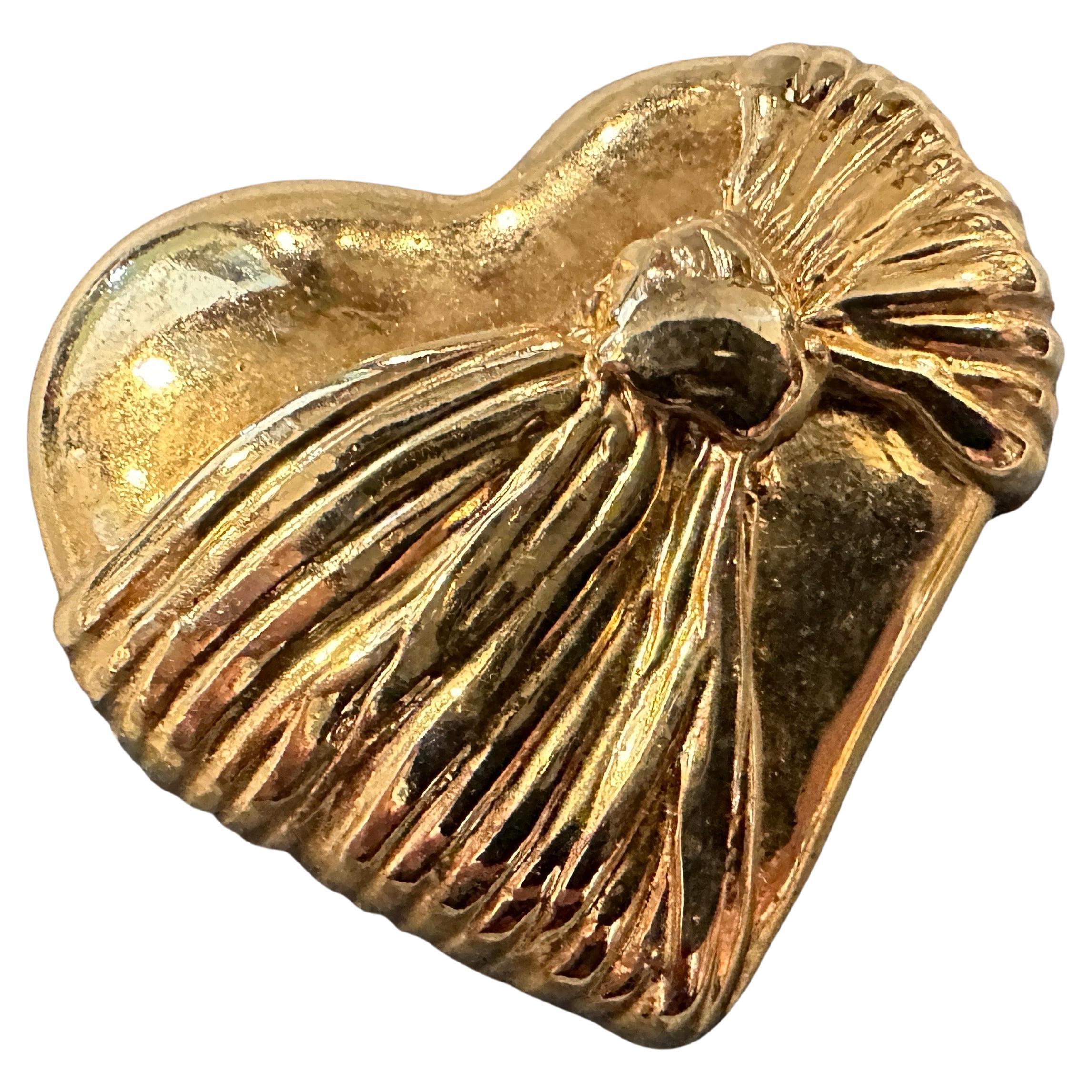 1990s Retro Brass French Heart Brooch by Loris Azzaro For Sale