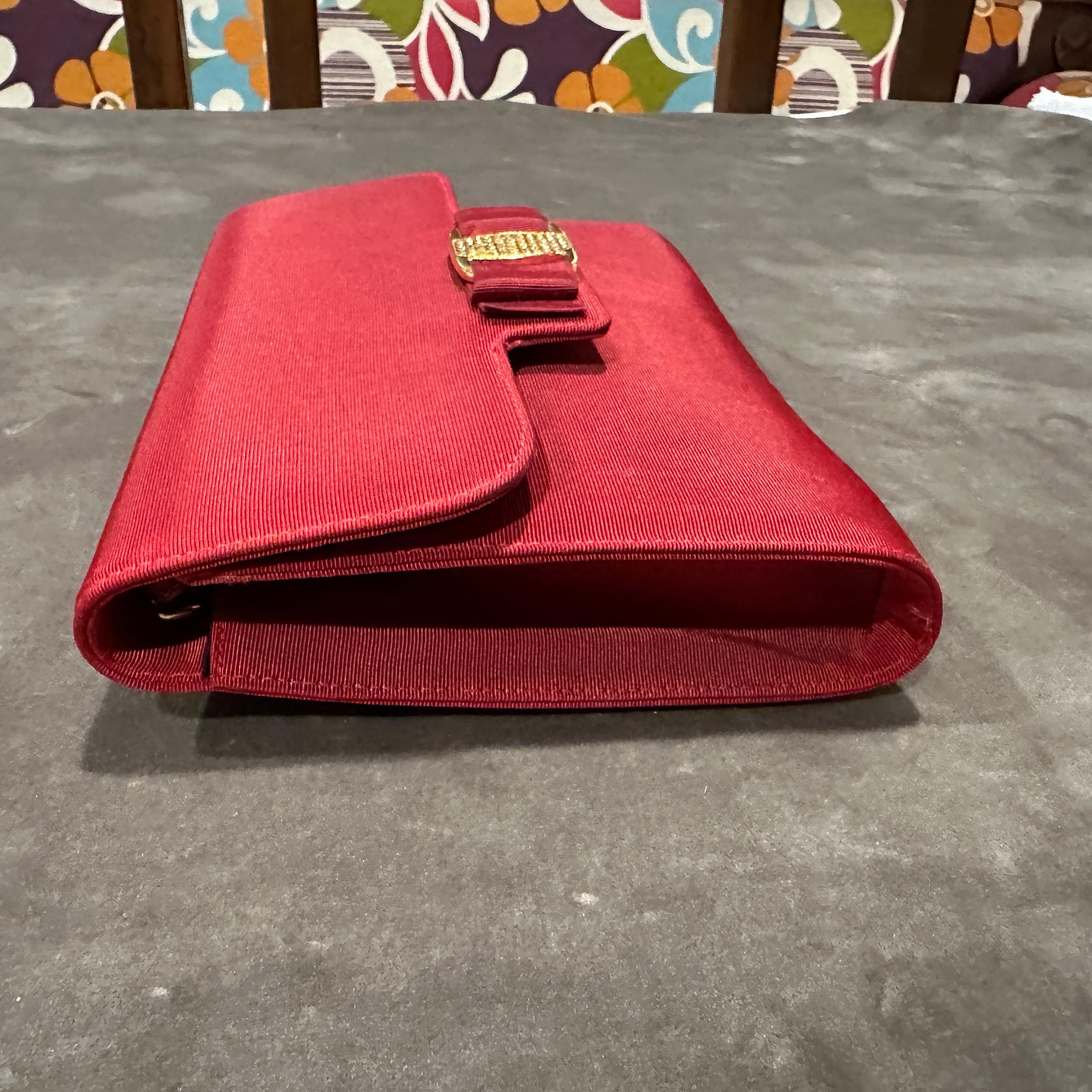 1990s Retro Red Silk Brass and Strass Evening Bag by Salvatore Ferragamo For Sale 6