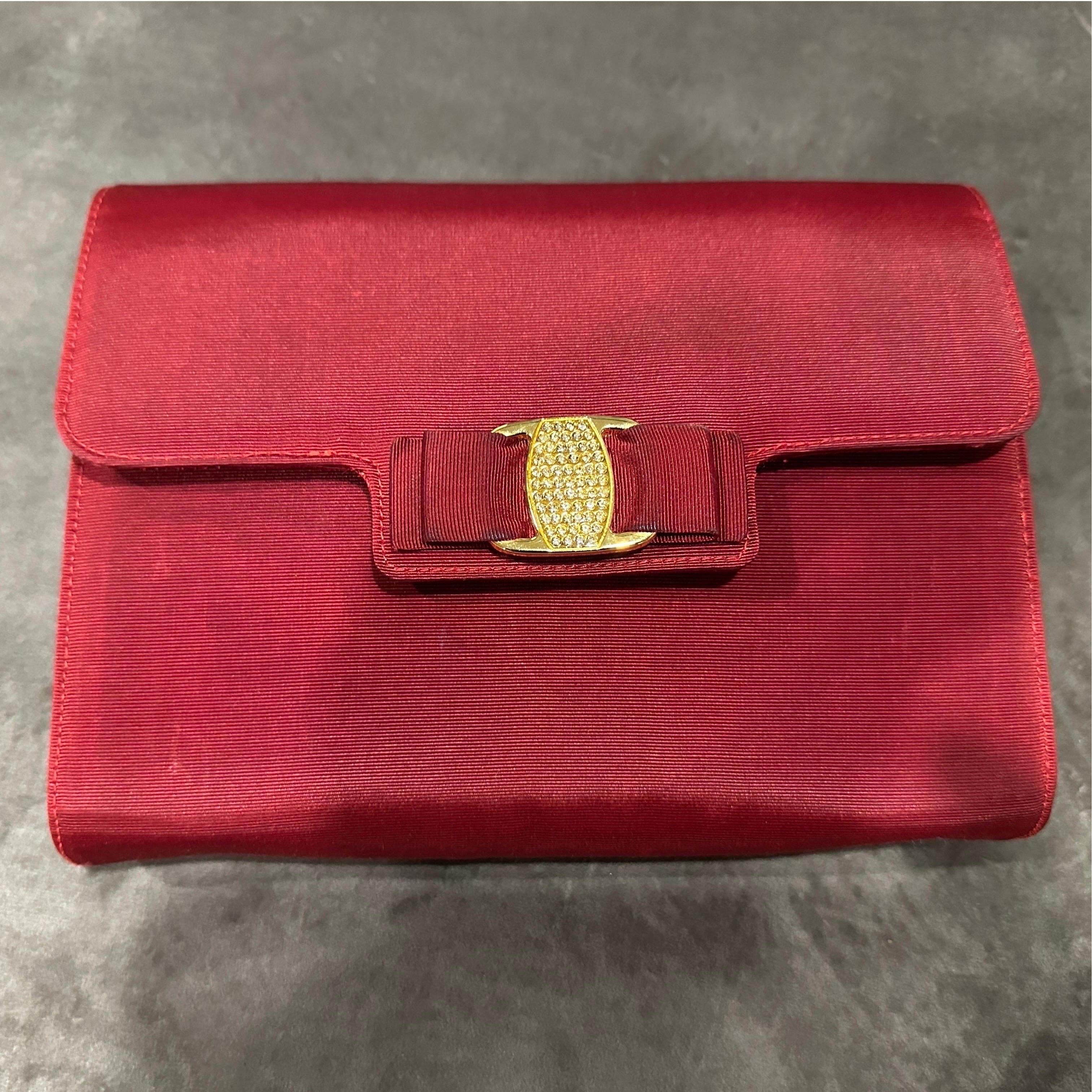 1990s Retro Red Silk Brass and Strass Evening Bag by Salvatore Ferragamo For Sale 9