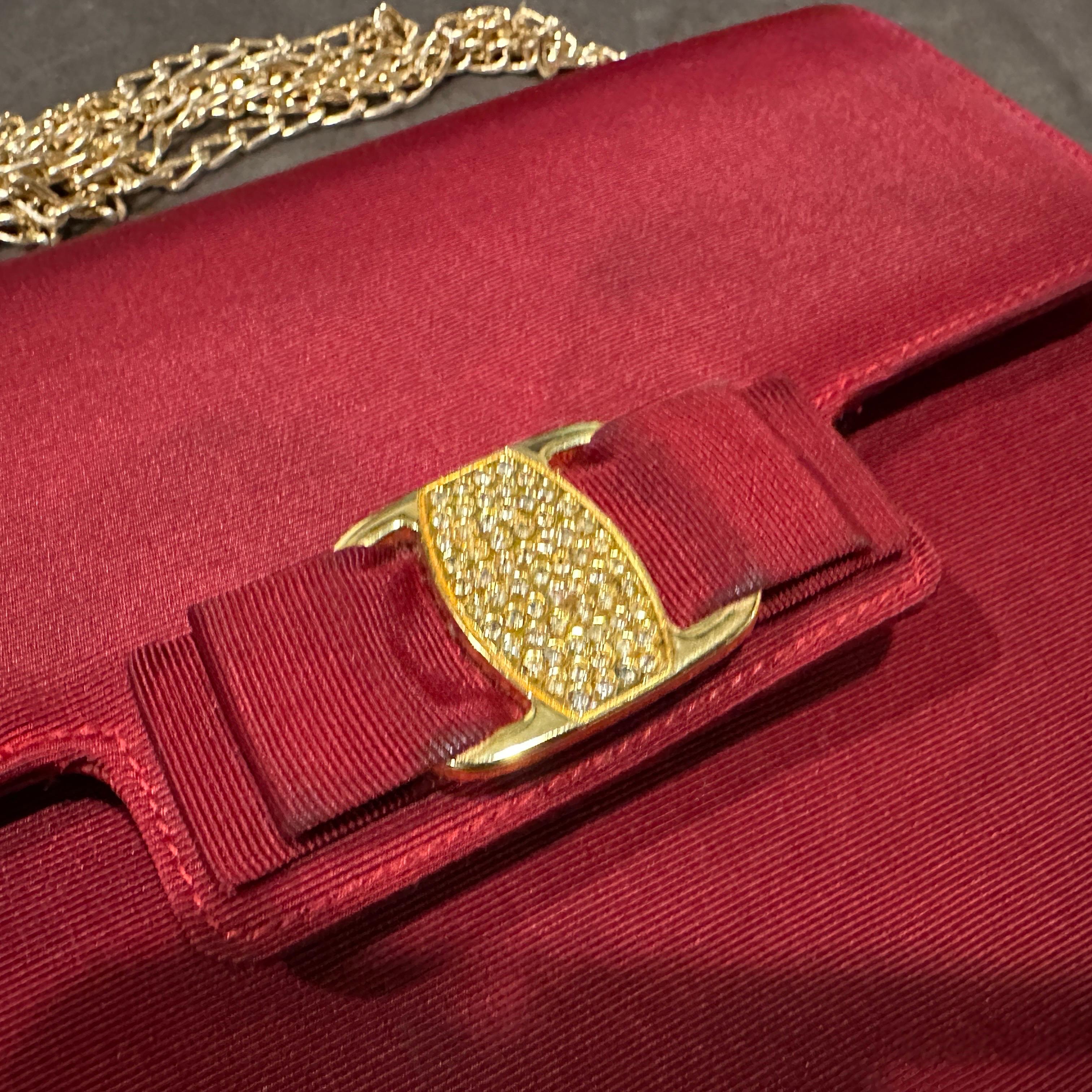 1990s Retro Red Silk Brass and Strass Evening Bag by Salvatore Ferragamo For Sale 12