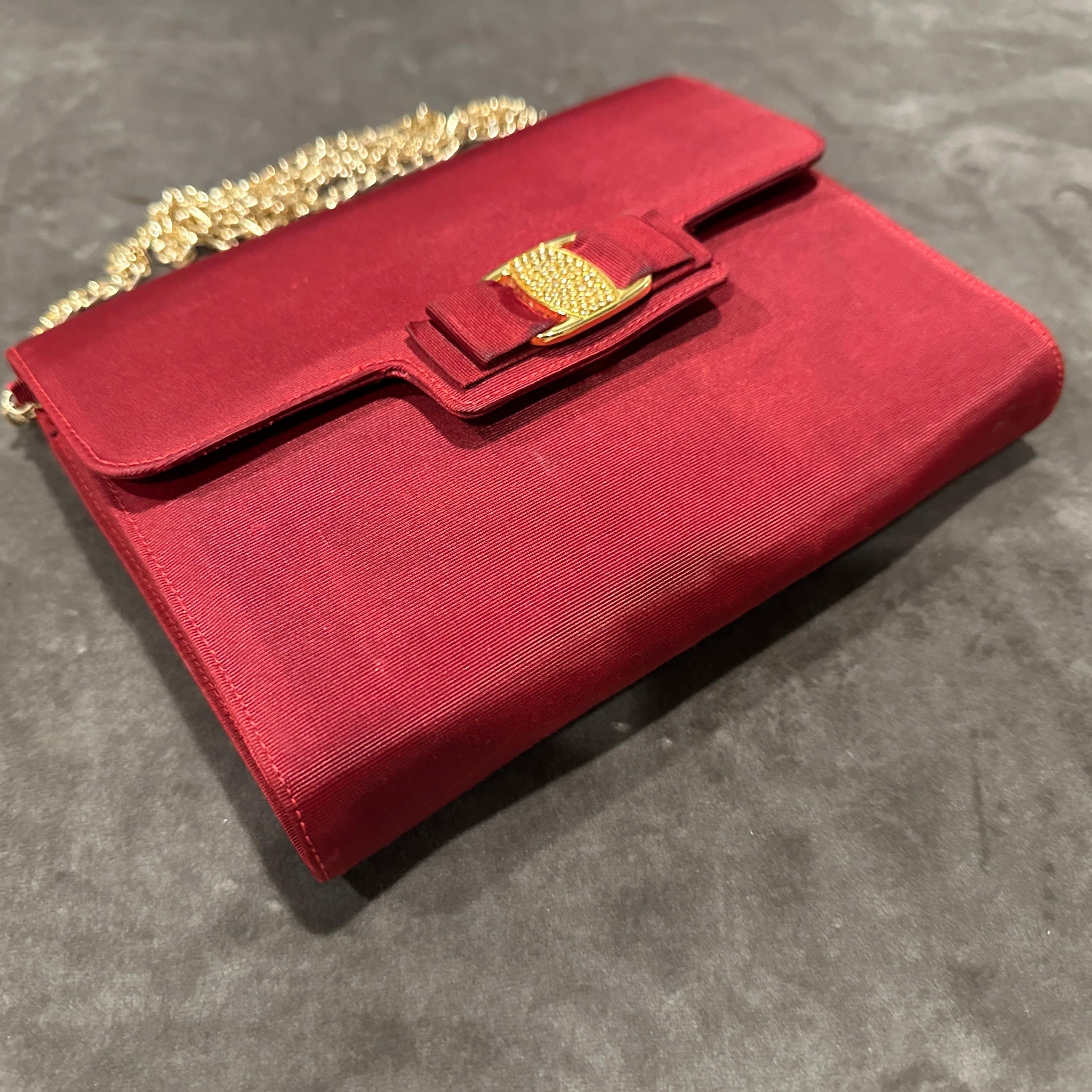 1990s Retro Red Silk Brass and Strass Evening Bag by Salvatore Ferragamo For Sale 14
