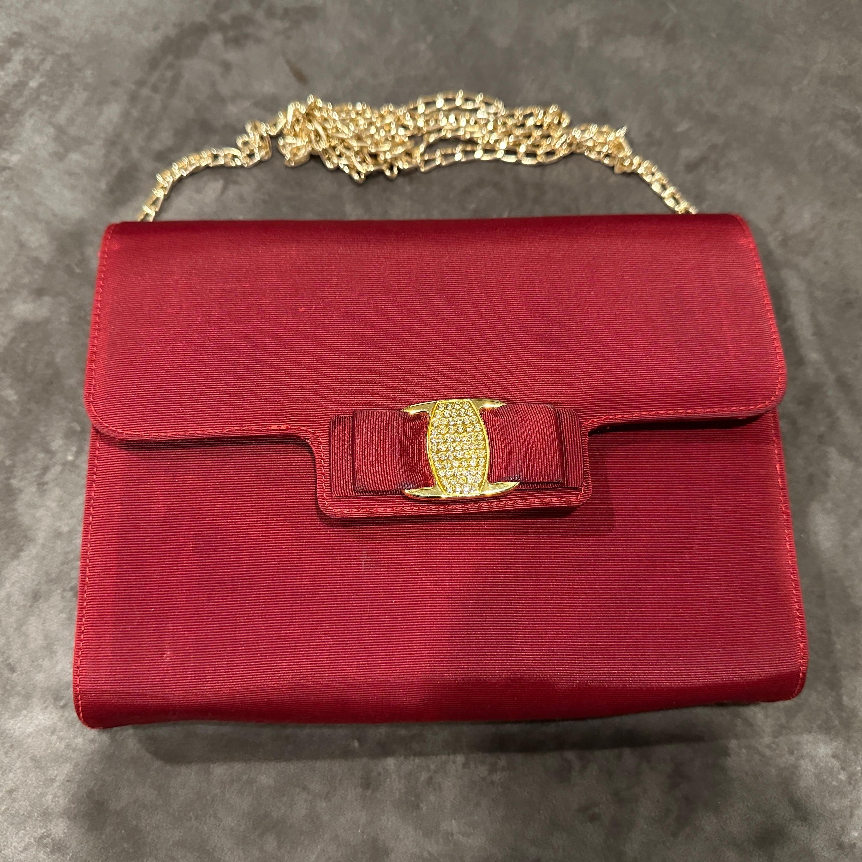 1990s Retro Red Silk Brass and Strass Evening Bag by Salvatore Ferragamo For Sale 15
