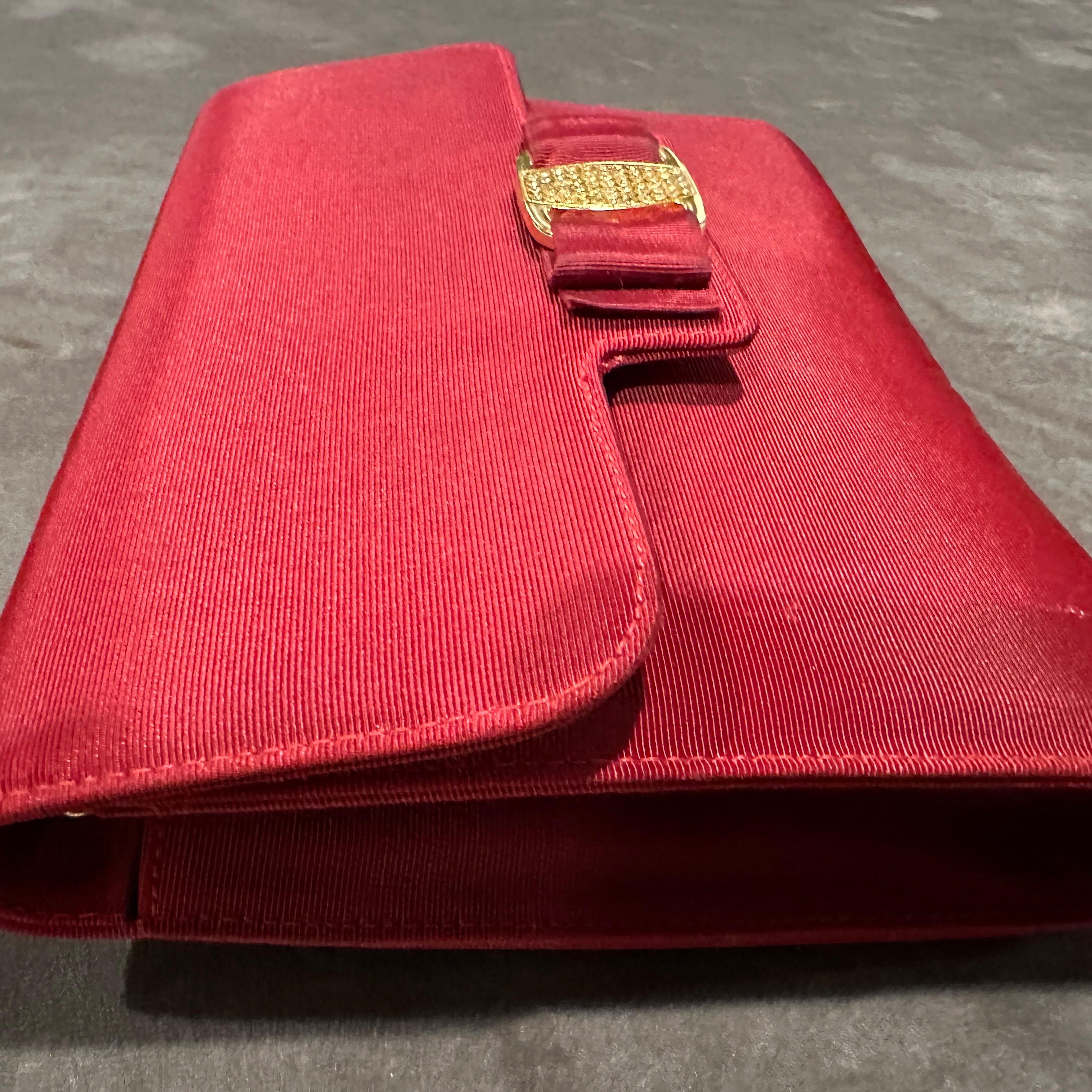1990s Retro Red Silk Brass and Strass Evening Bag by Salvatore Ferragamo For Sale 3