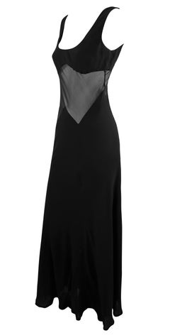 1990s Richard Tyler Angular Sheer Waist Black Silk Slip Gown