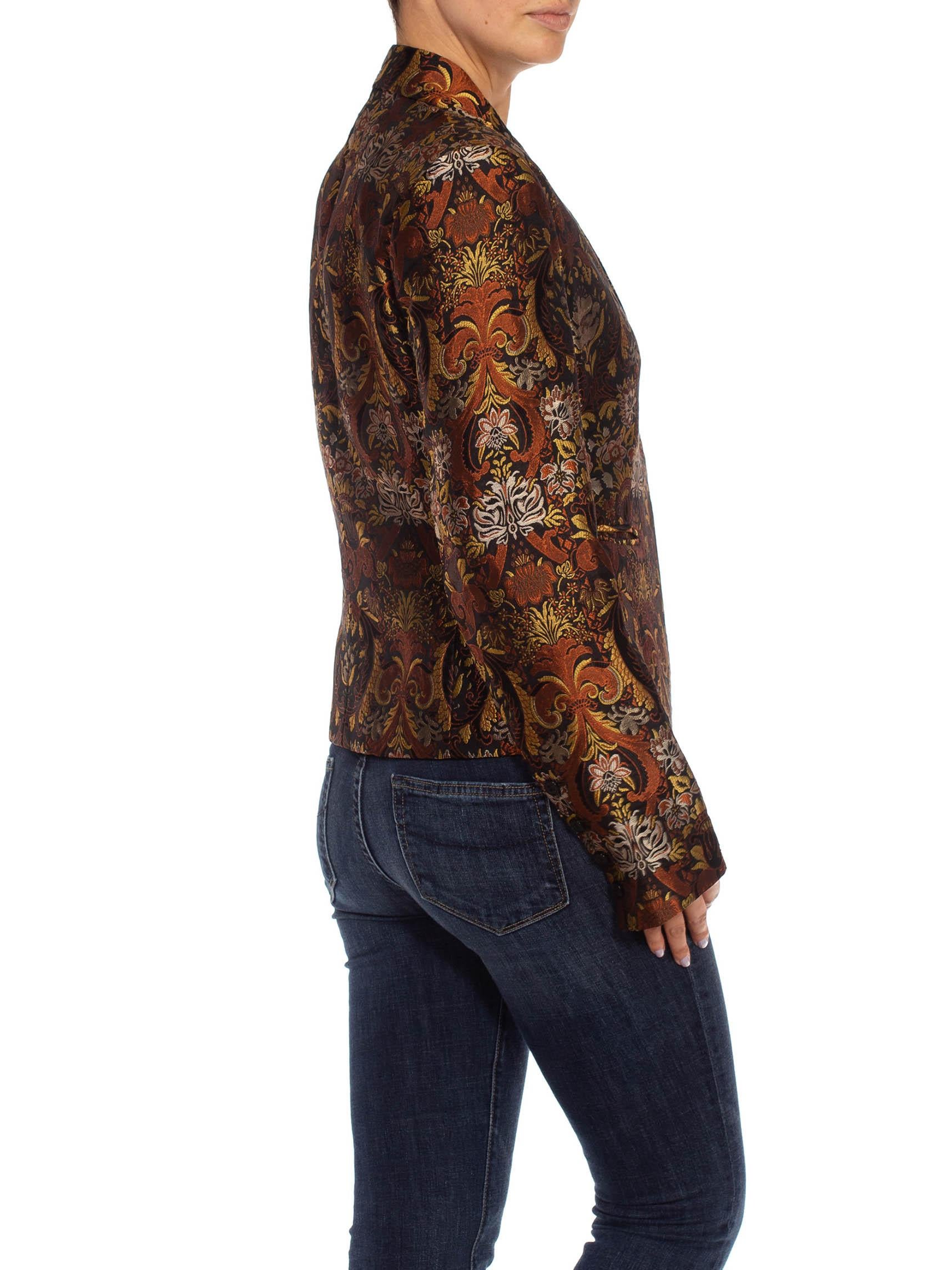 1990S RICHARD TYLER Black, Brown & Gold Silk Jacquard Jacket In Good Condition For Sale In New York, NY
