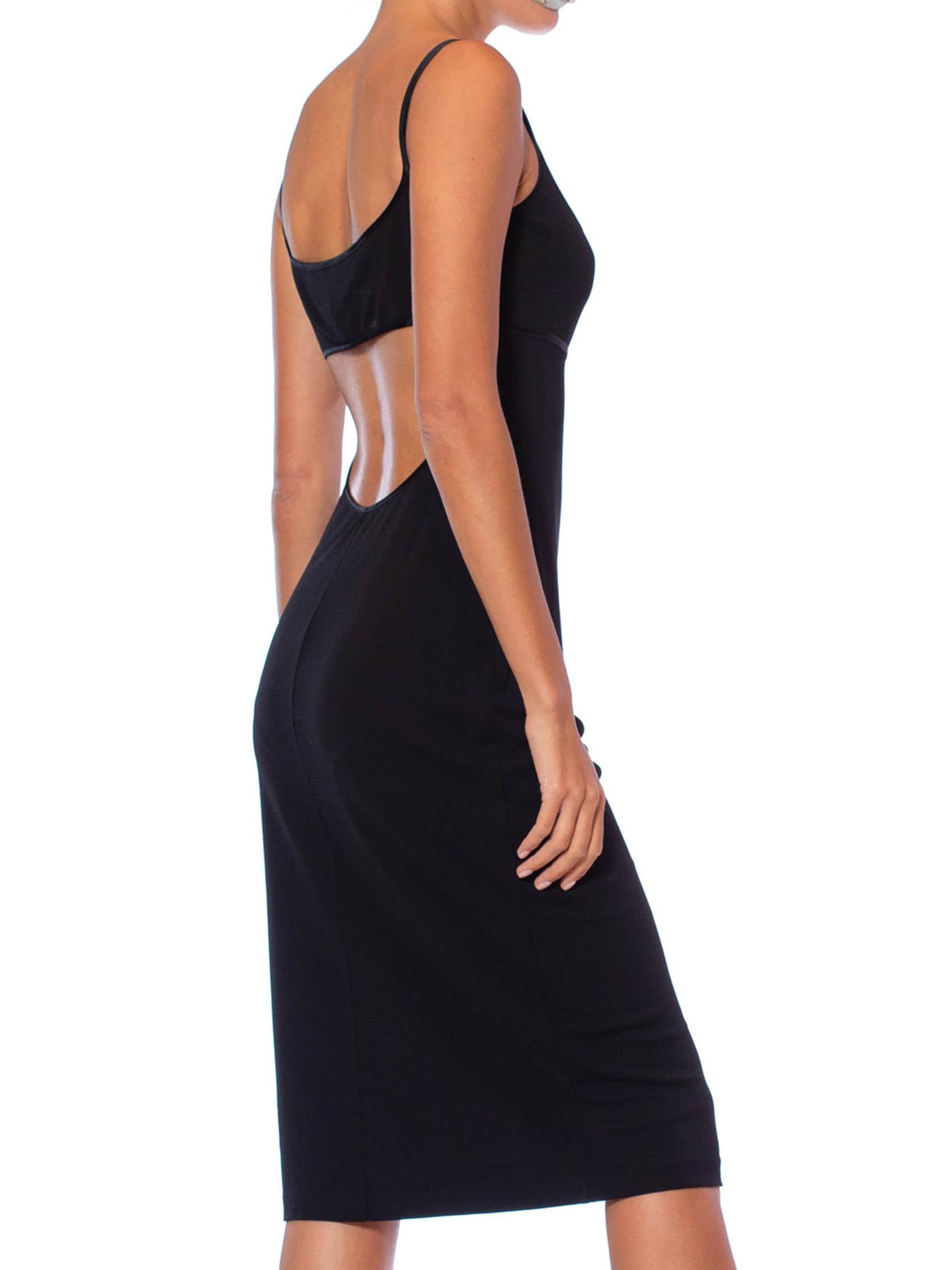 1990S RICHARD TYLER Black Rayon Jersey Open Back Body-Con Cocktail Dress With Satin Trim