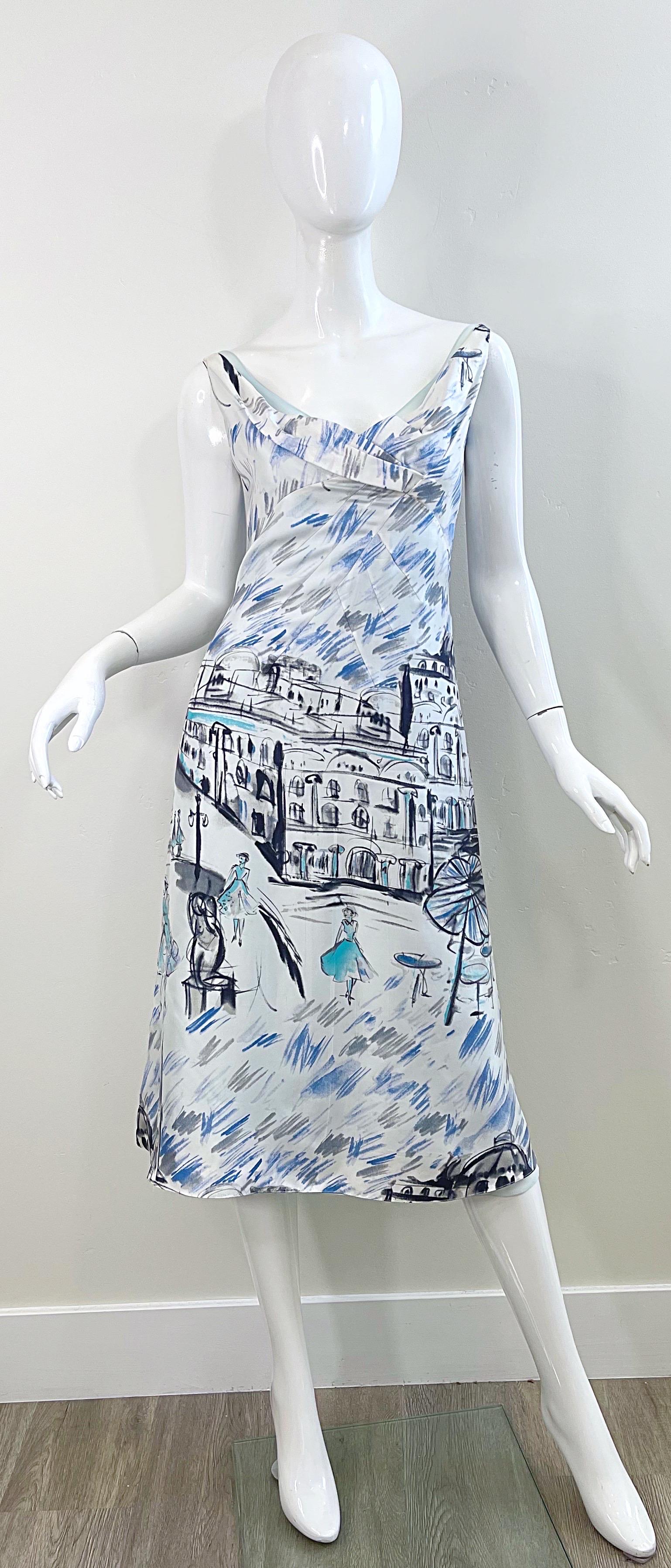 Gray 1990s Richard Tyler Couture Paris Print Size 8 / 10 Paris Print Vintage Dress  For Sale