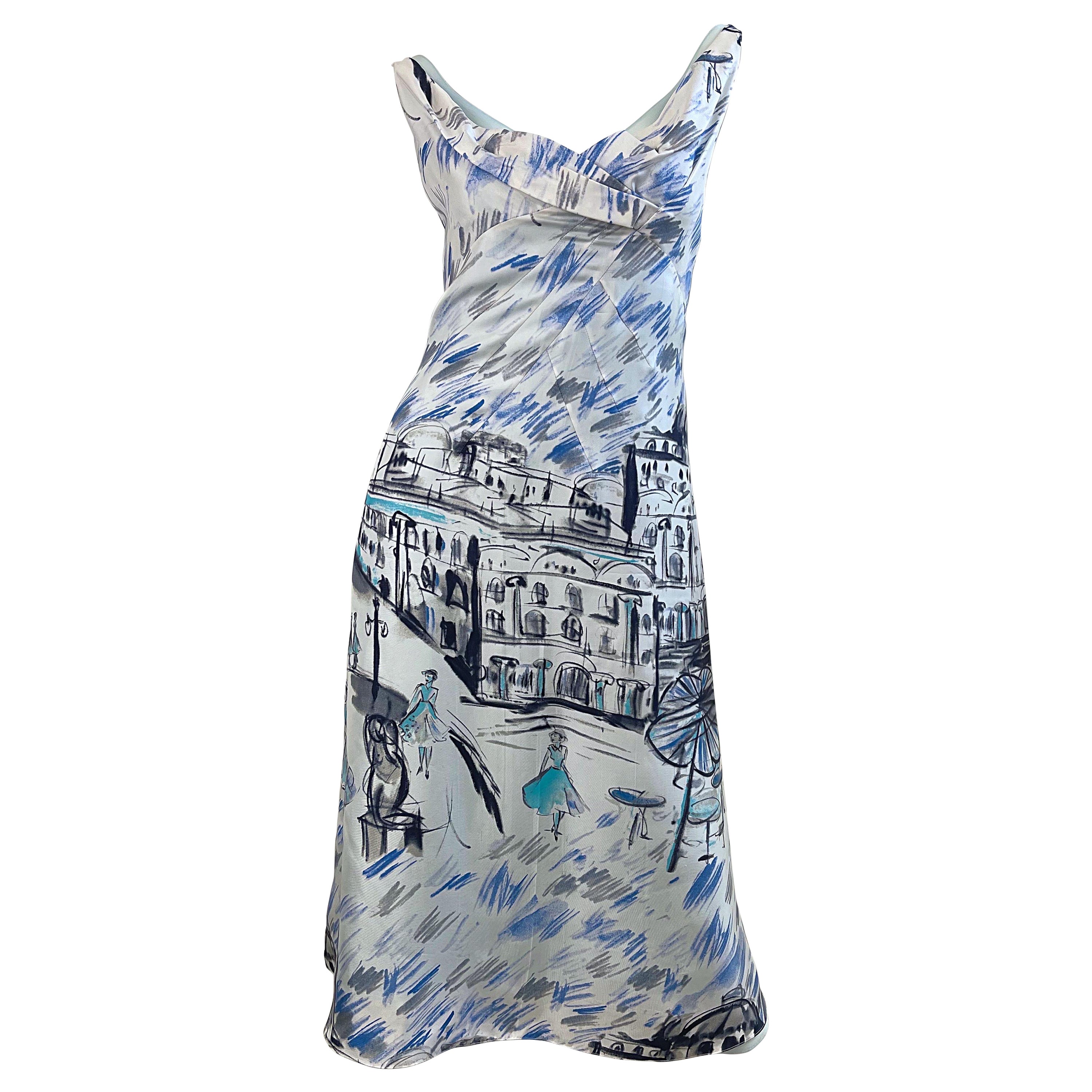 1990er Richard Tyler Couture Paris Print Vintage Kleid mit Druck, Größe 8 / 10 Paris im Angebot