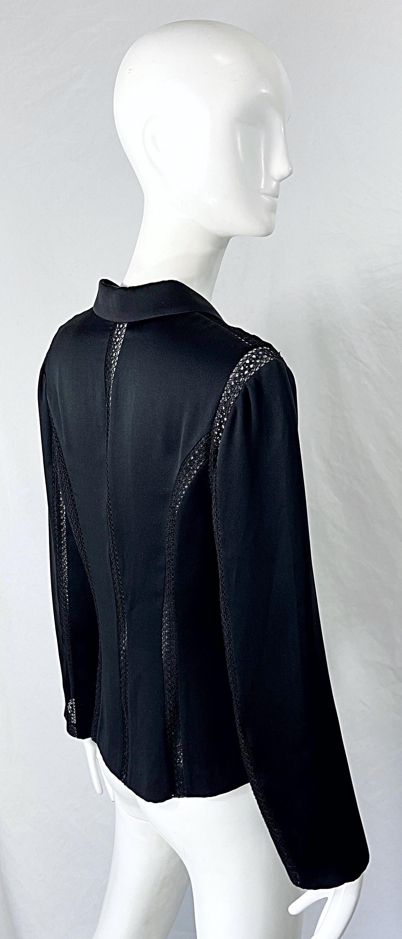 1990s Richard Tyler Size 4 Black Silk Cut - Out Vintage 90s Blouse Shirt Top For Sale 8
