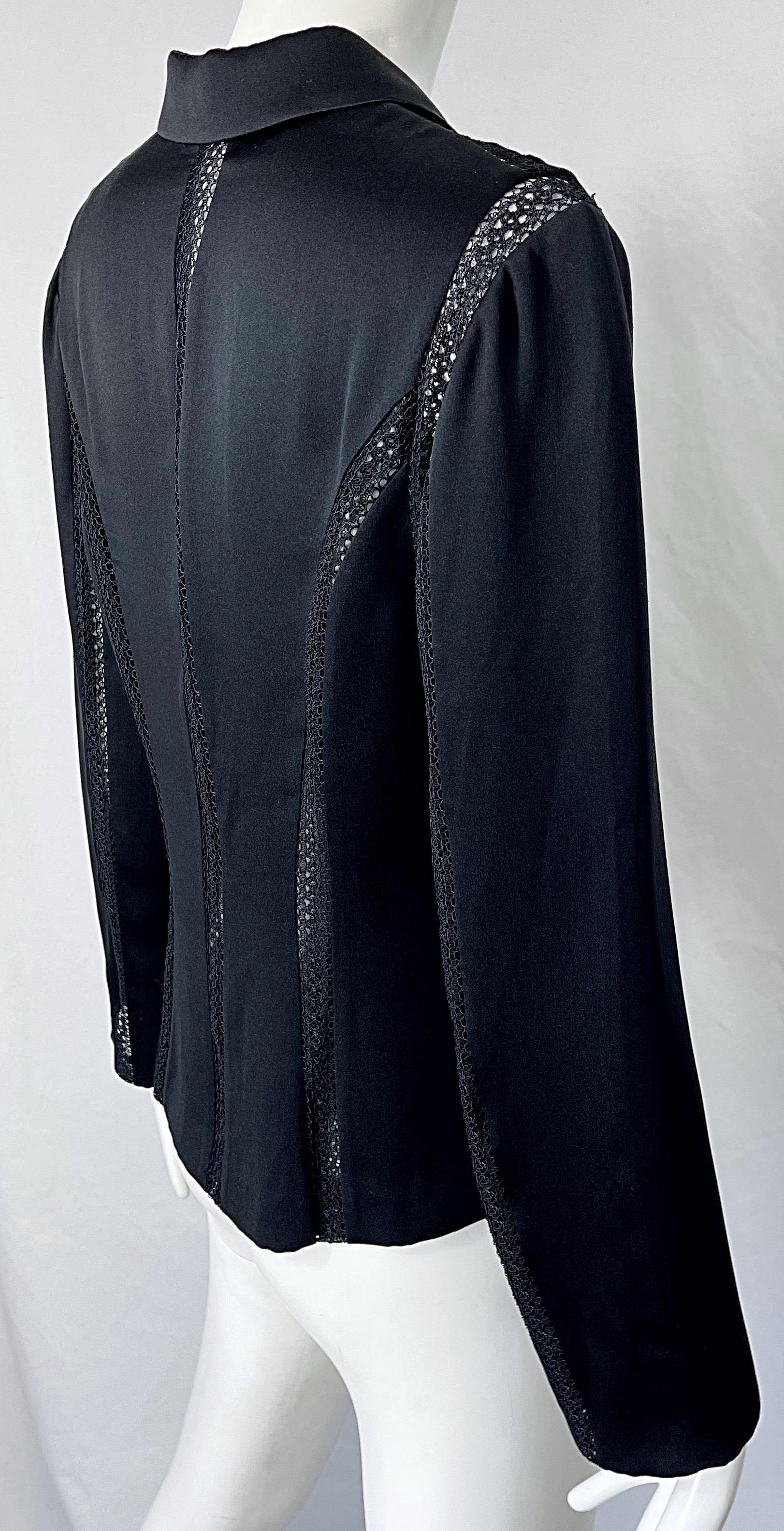1990s Richard Tyler Size 4 Black Silk Cut - Out Vintage 90s Blouse Shirt Top For Sale 3