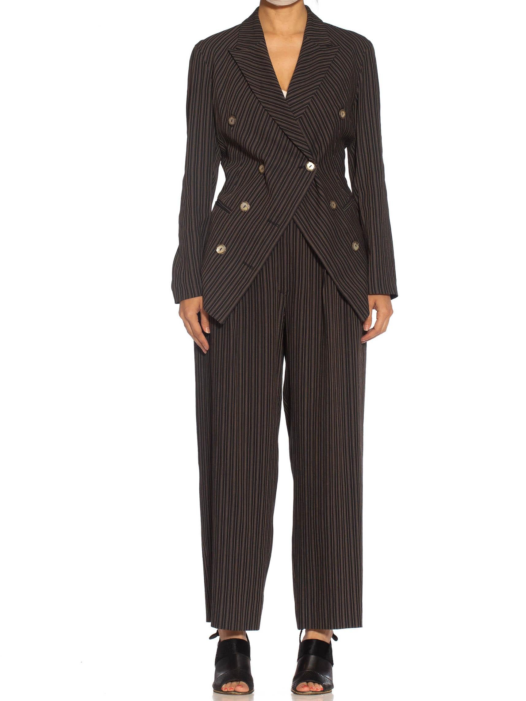 1990S RIFAT OZBEK Black & Beige Linen Blend Pinstripe Pant Suit In Excellent Condition In New York, NY