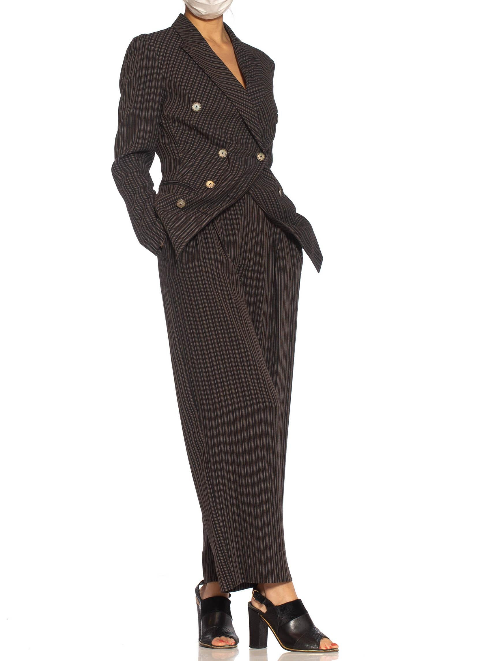 Women's 1990S RIFAT OZBEK Black & Beige Linen Blend Pinstripe Pant Suit