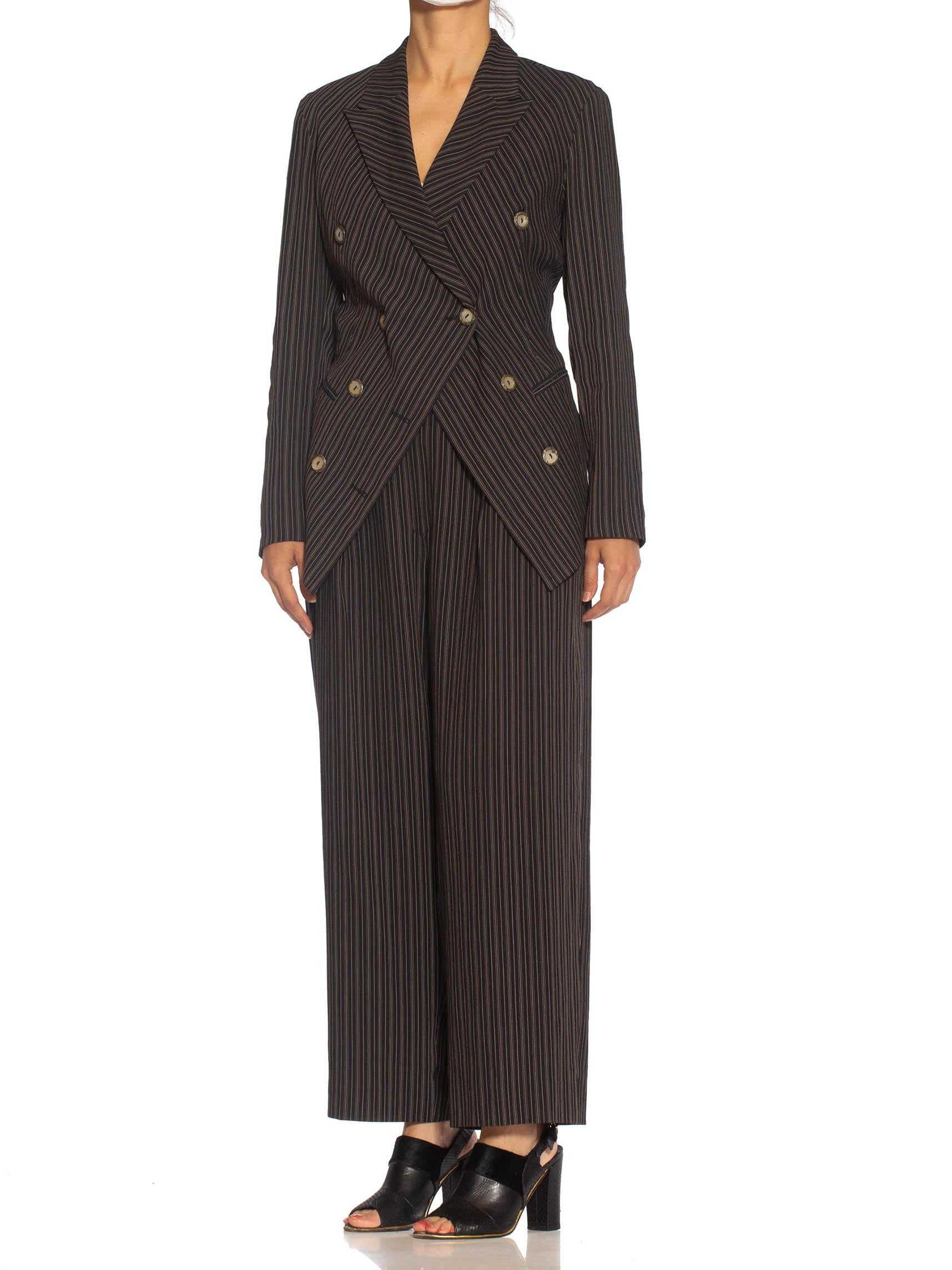 1990S RIFAT OZBEK Black & Beige Linen Blend Pinstripe Pant Suit 1