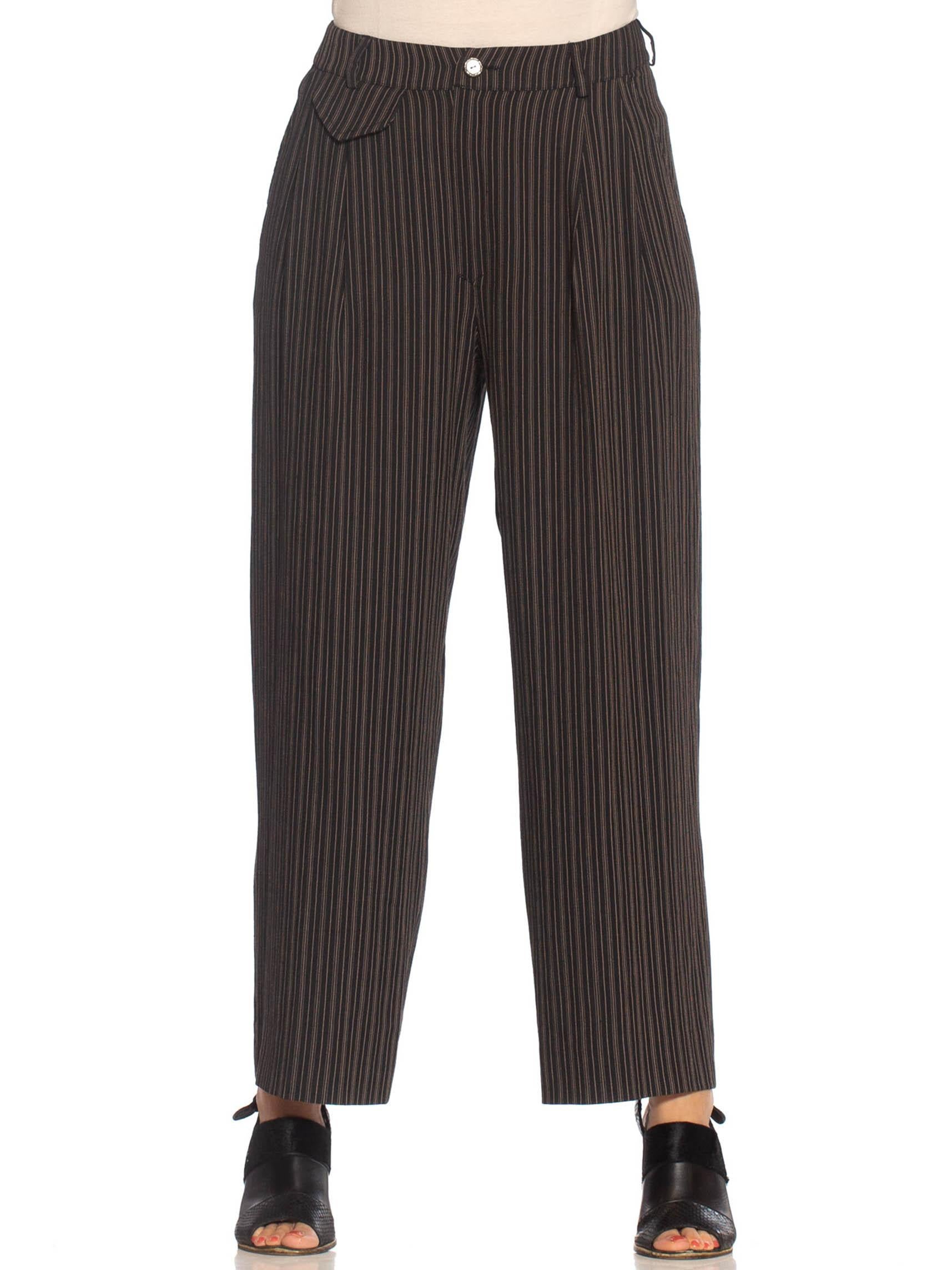 1990S RIFAT OZBEK Black & Beige Linen Blend Pinstripe Pant Suit 3