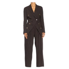 1990S RIFAT OZBEK Black & Beige Linen Blend Pinstripe Pant Suit