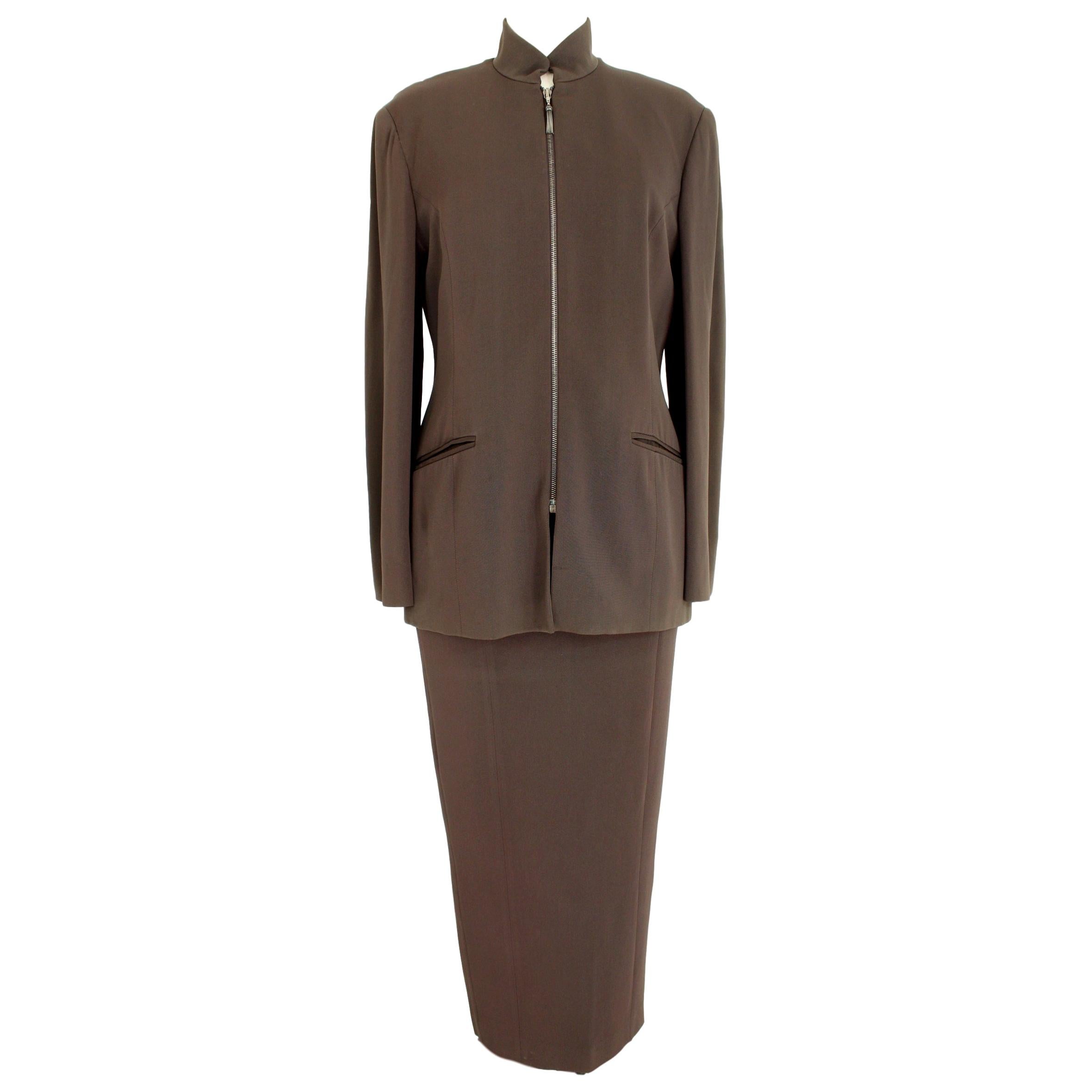Ozbek Brown Cocktail Long Sheath Suit Dress and Jacket  1990s