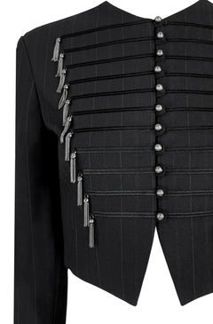 1990s Rifat Ozbek Metal Chain Tassel Military Charcoal Cropped Blazer Jacket