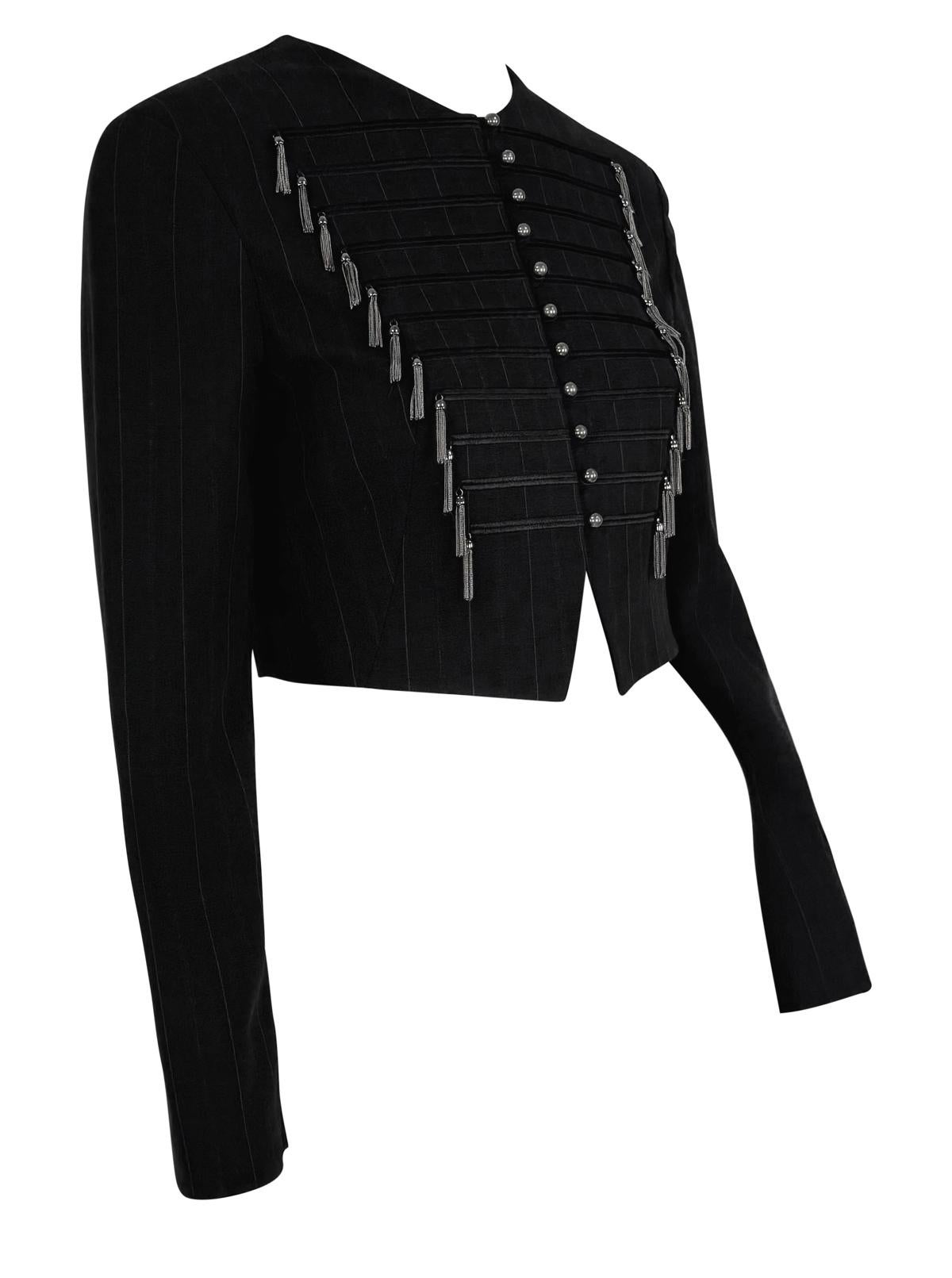 1990s Rifat Ozbek Metal Chain Tassel Military Charcoal Cropped Blazer Jacket In Excellent Condition For Sale In West Hollywood, CA