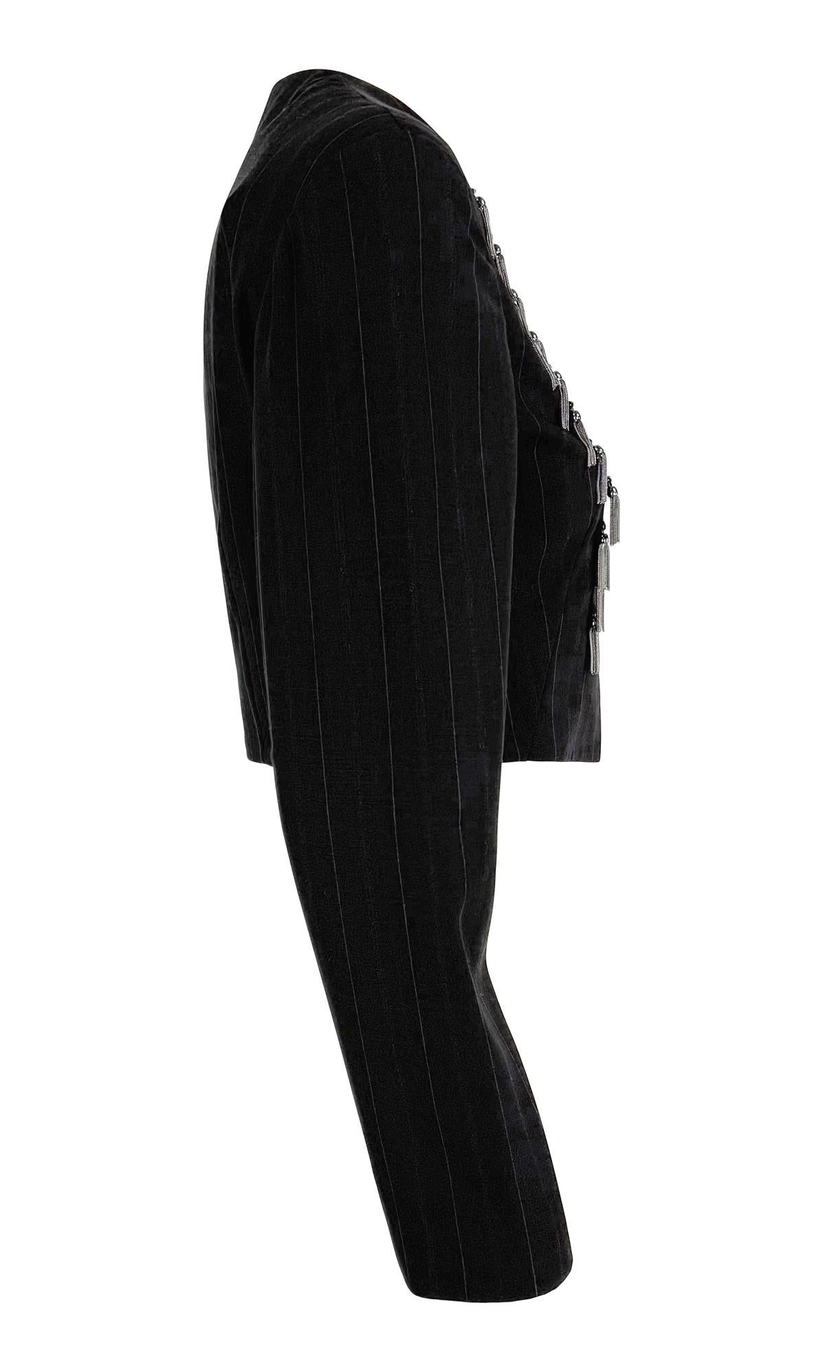 Women's 1990s Rifat Ozbek Metal Chain Tassel Military Charcoal Cropped Blazer Jacket For Sale