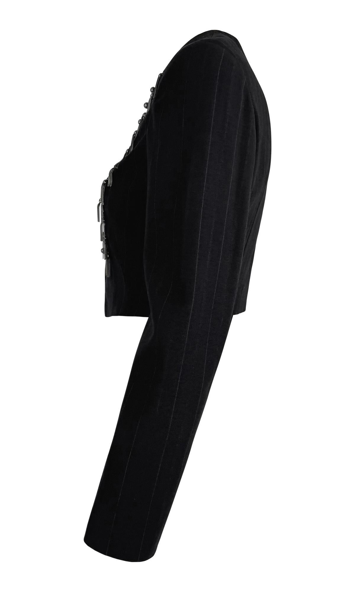 1990s Rifat Ozbek Metal Chain Tassel Military Charcoal Cropped Blazer Jacket For Sale 2