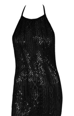 1990s Rifat Ozbek Sheer Black Mesh Overlay Sequin Backless Halter Bodycon Dress