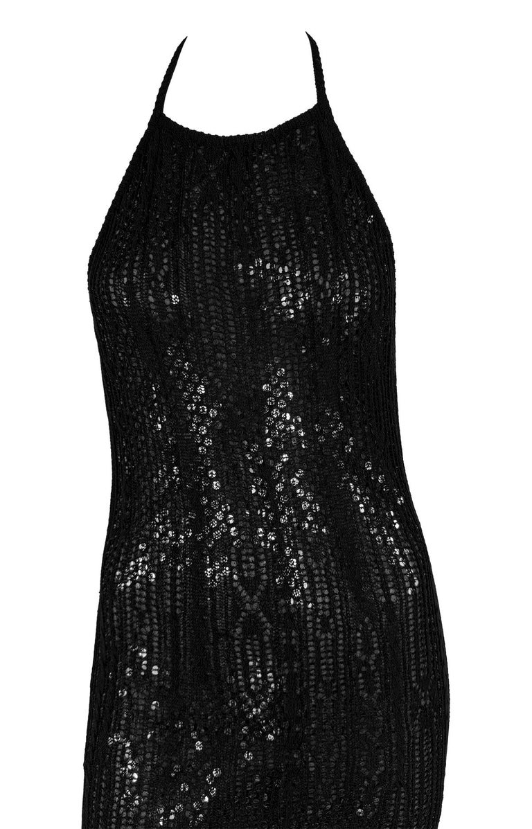 1990s Rifat Ozbek Sheer Black Mesh Overlay Sequin Backless Halter Bodycon  Dress at 1stDibs