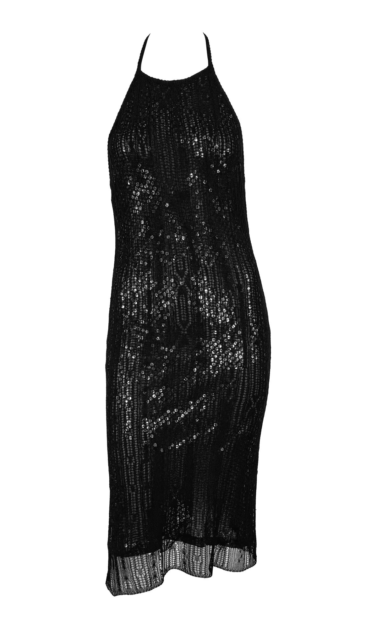 1990er Rifat Ozbek Schwarzes rückenfreies Neckholder-Bodycon-Kleid aus durchsichtigem Mesh-Overlay mit Pailletten im Zustand „Hervorragend“ im Angebot in West Hollywood, CA