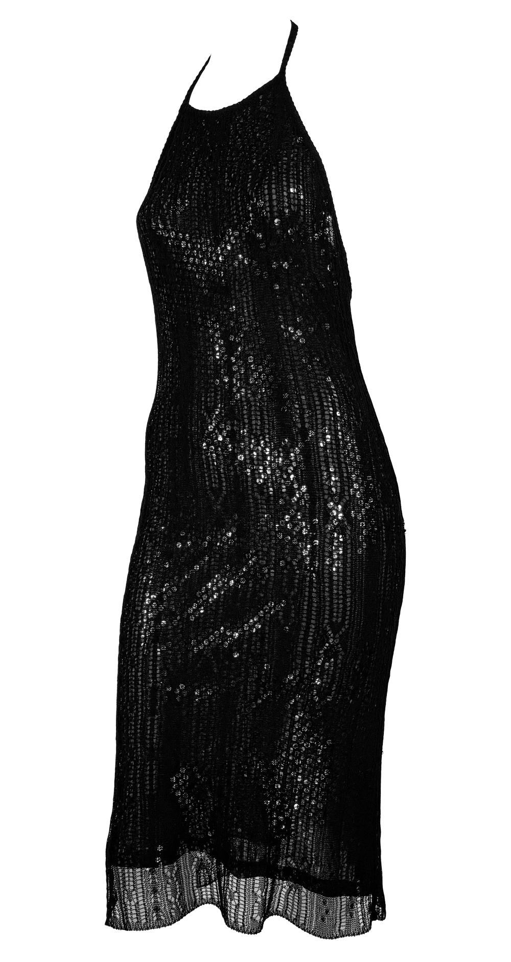 1990er Rifat Ozbek Schwarzes rückenfreies Neckholder-Bodycon-Kleid aus durchsichtigem Mesh-Overlay mit Pailletten Damen im Angebot