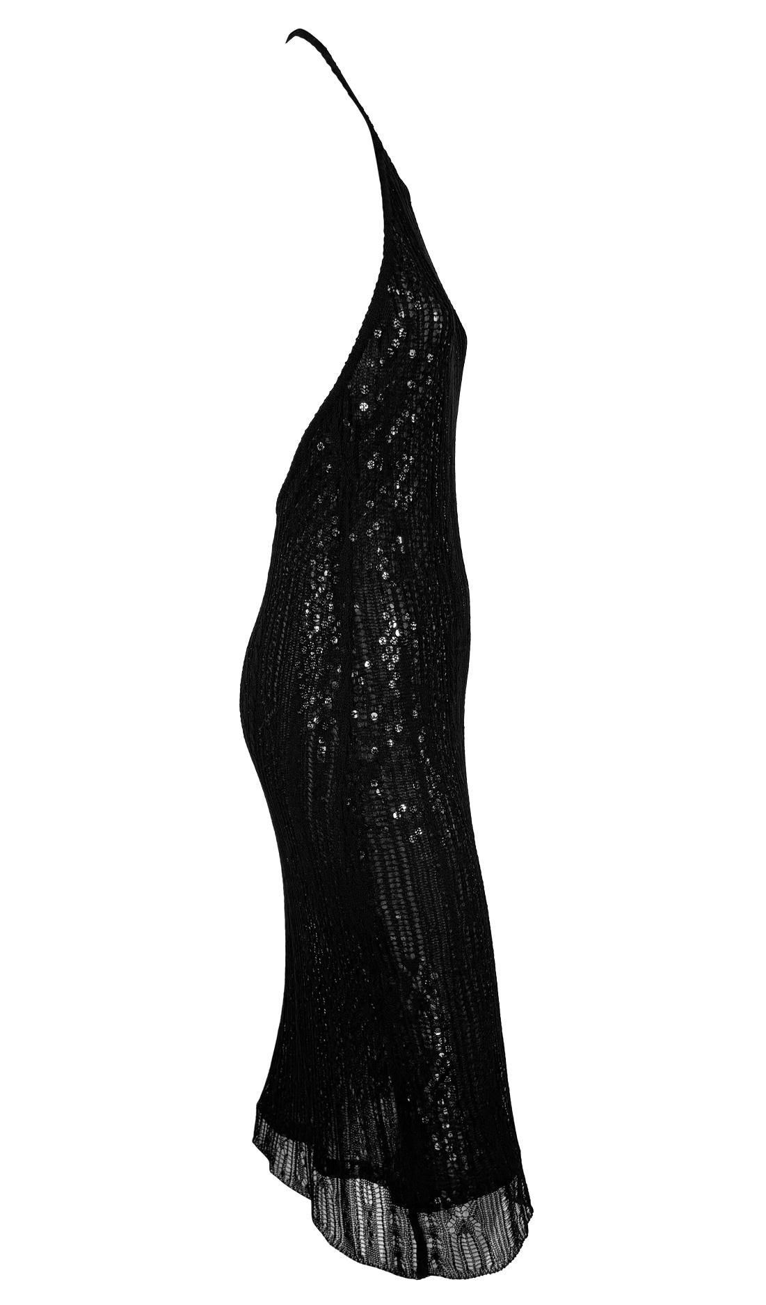 1990er Rifat Ozbek Schwarzes rückenfreies Neckholder-Bodycon-Kleid aus durchsichtigem Mesh-Overlay mit Pailletten im Angebot 3