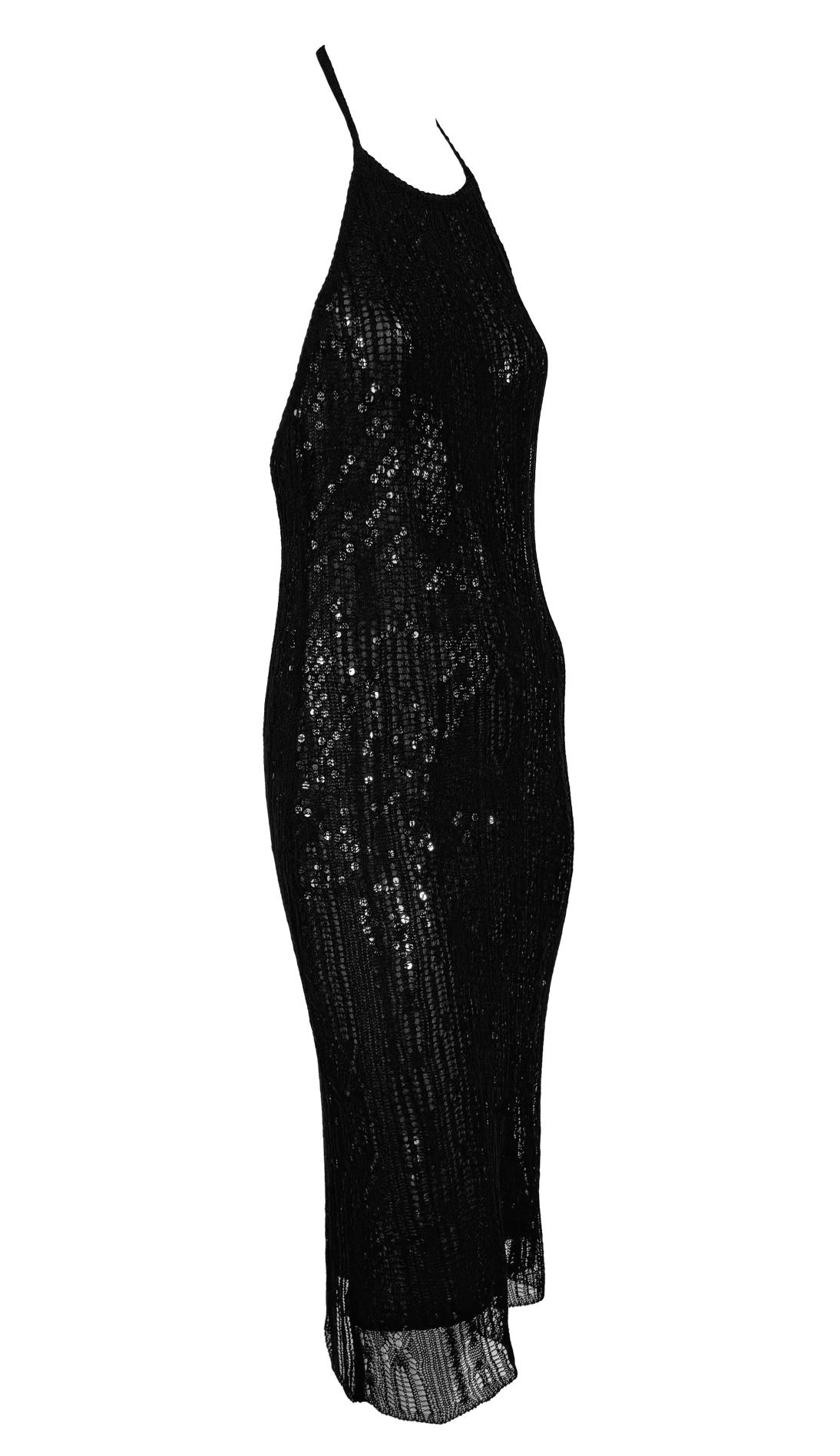 1990er Rifat Ozbek Schwarzes rückenfreies Neckholder-Bodycon-Kleid aus durchsichtigem Mesh-Overlay mit Pailletten im Angebot 4