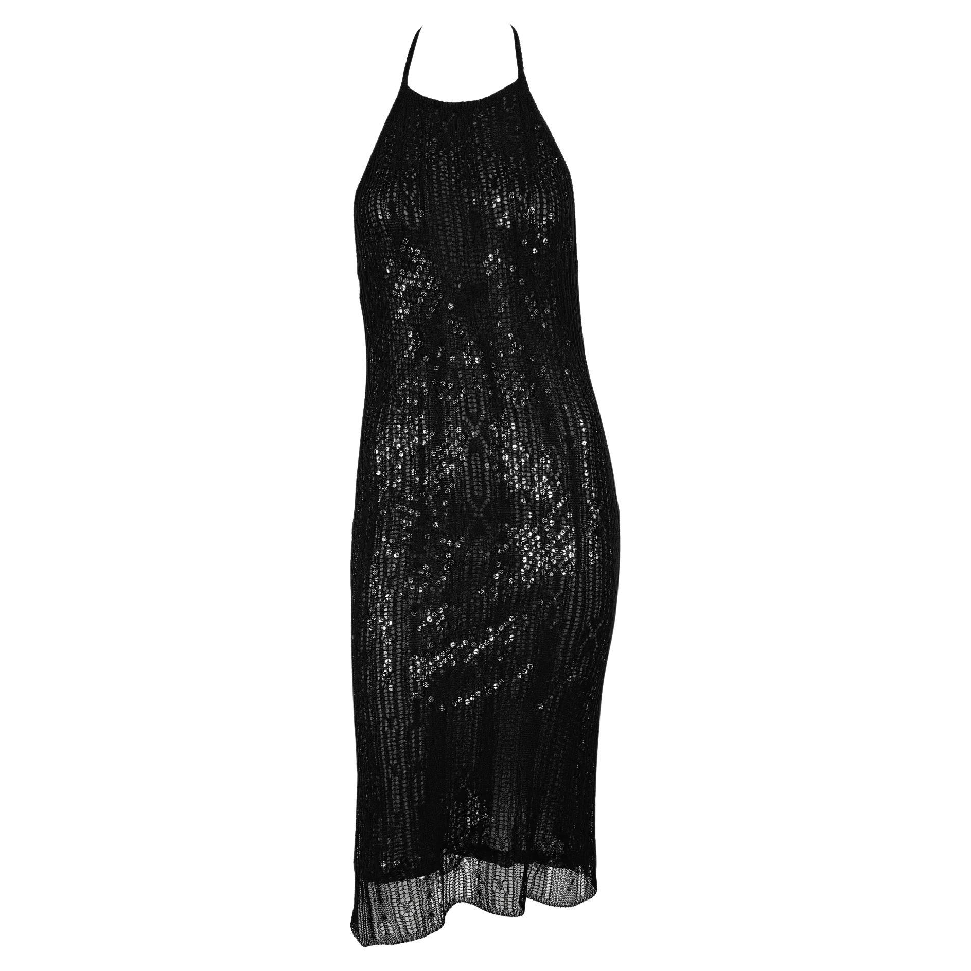 1990er Rifat Ozbek Schwarzes rückenfreies Neckholder-Bodycon-Kleid aus durchsichtigem Mesh-Overlay mit Pailletten im Angebot
