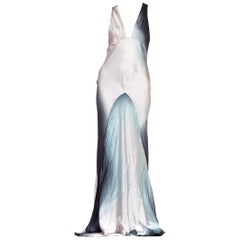 1990'S ROBERTO CAVALLI Silver Grey Silk Charmeuse Bias-Cut Ombré Print Gown