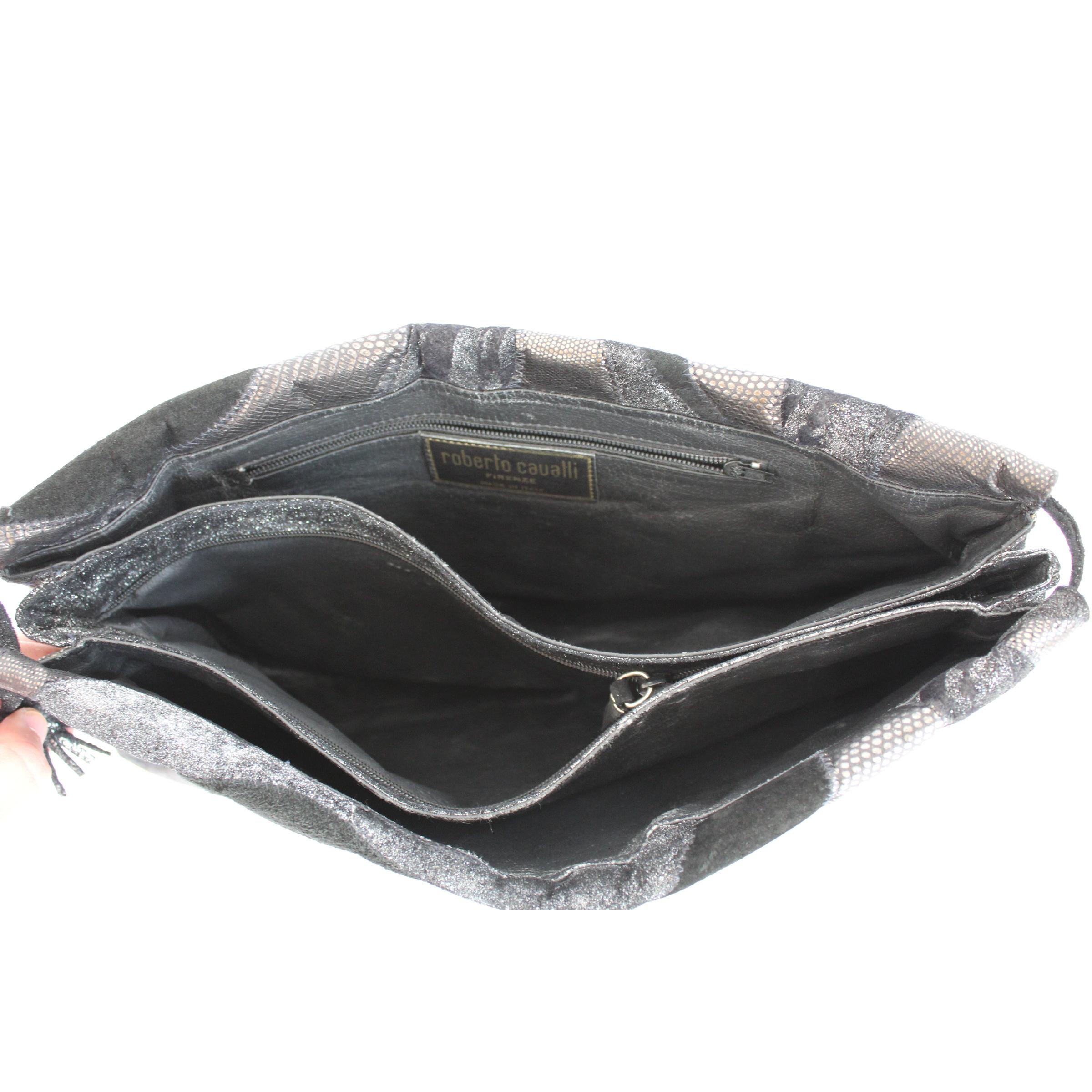 1990s Roberto Cavalli Black Silver Leather Suede Handbag For Sale 4