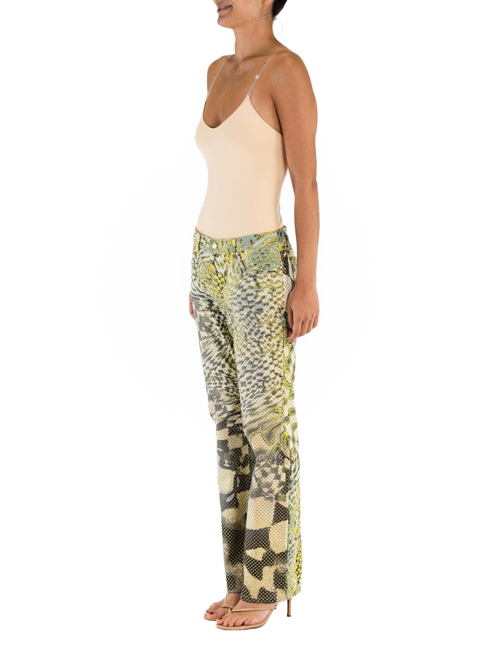 Beige 1990S ROBERTO CAVALLI Black & White Psychedelic Cotton Denim Op-Art Jeans
