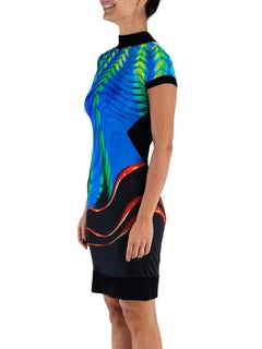 1990S ROBERTO CAVALLI Blue Psychedelic Rayon Blend Cocktail Dress Tropical Fish