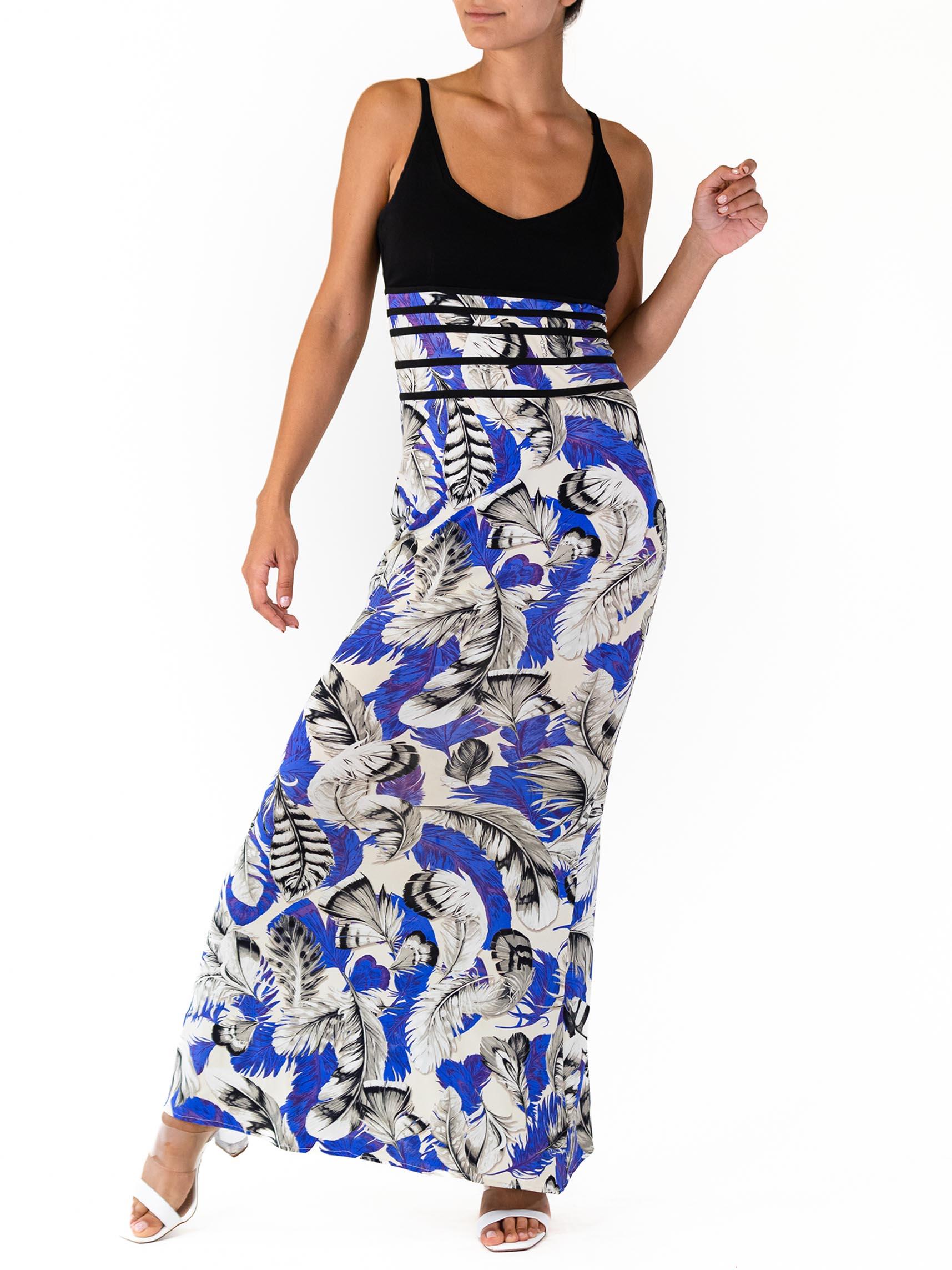1990S ROBERTO CAVALLI Blue & White Feather Print Poly/Lycra NWT Gown For Sale 1