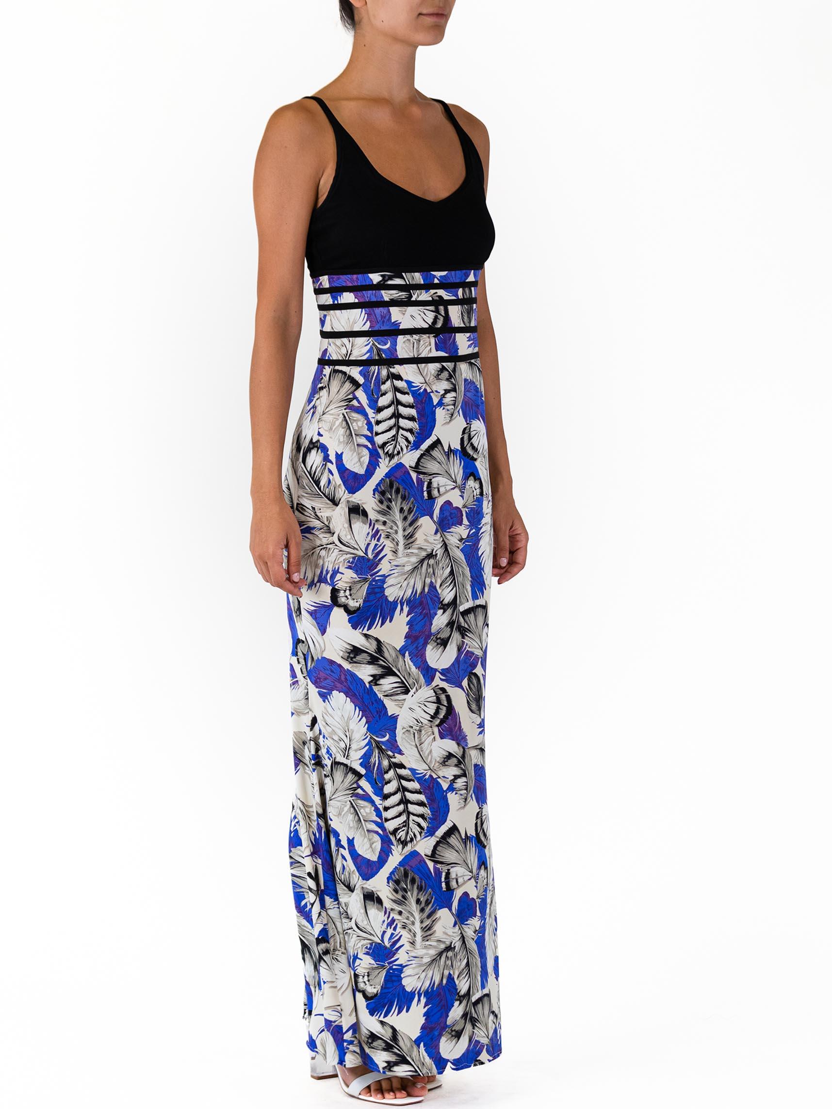 1990S ROBERTO CAVALLI Blue & White Feather Print Poly/Lycra NWT Gown For Sale 2
