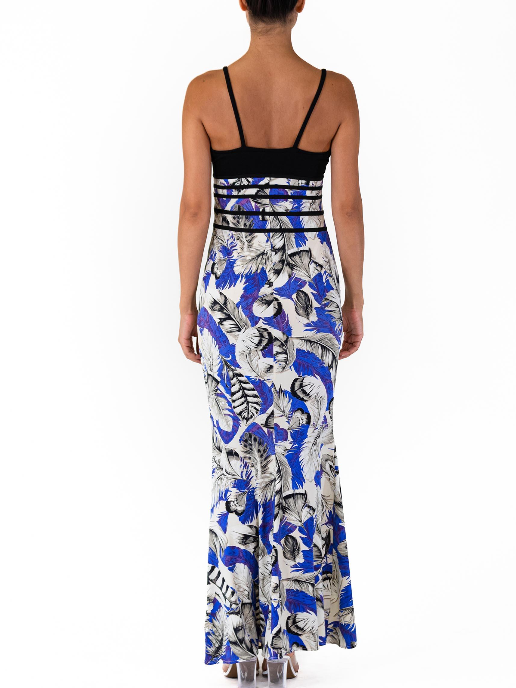 1990S ROBERTO CAVALLI Blue & White Feather Print Poly/Lycra NWT Gown For Sale 3