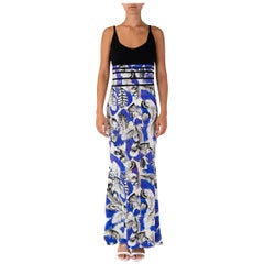 1990S ROBERTO CAVALLI Blue & White Feather Print Poly/Lycra NWT Gown
