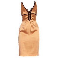 1990S ROBERTO CAVALLI Bronze & Black Silk Stretch Satin Lace Trim Dress