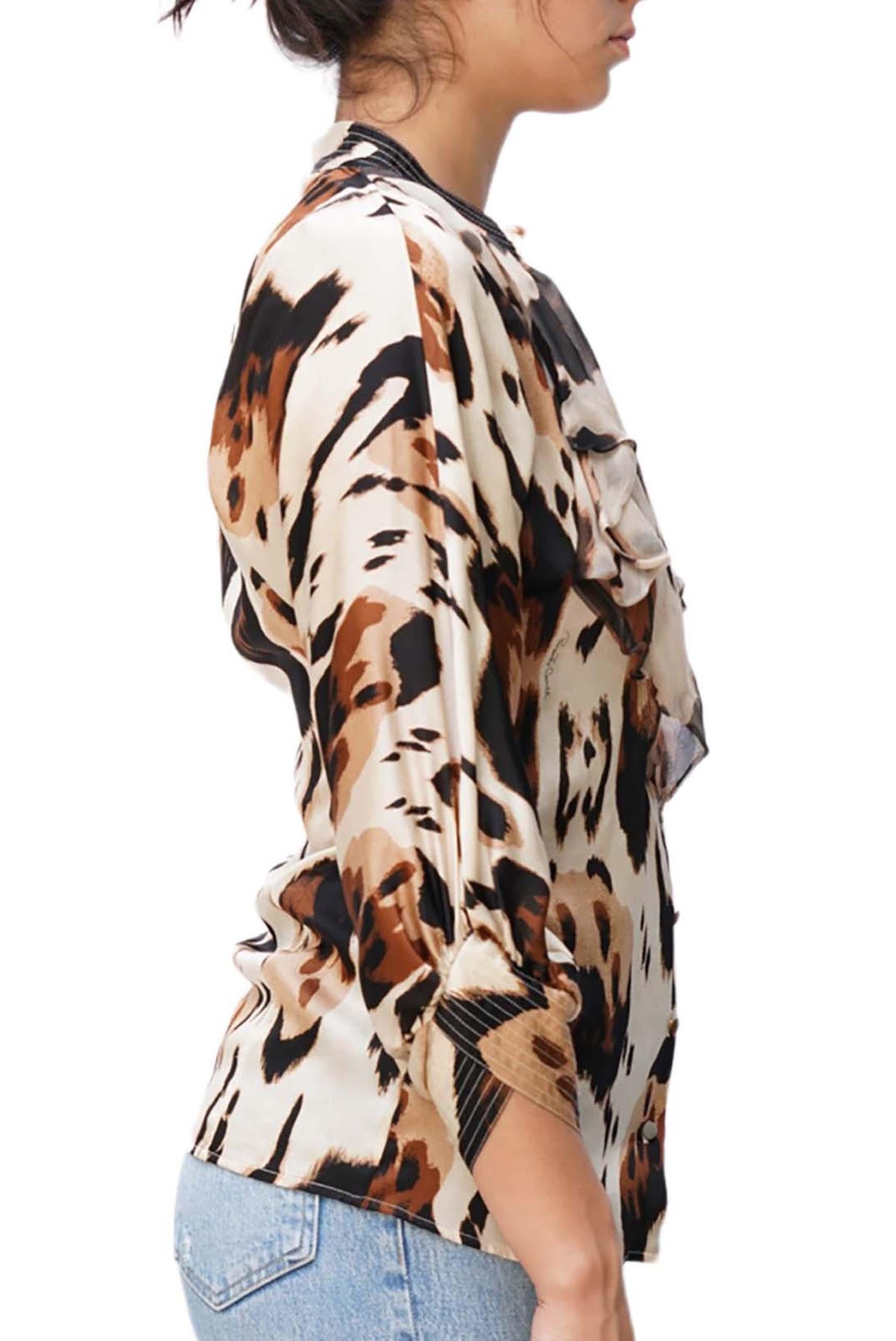1990S ROBERTO CAVALLI Brown & Ivory Silk Blouse In Good Condition For Sale In New York, NY