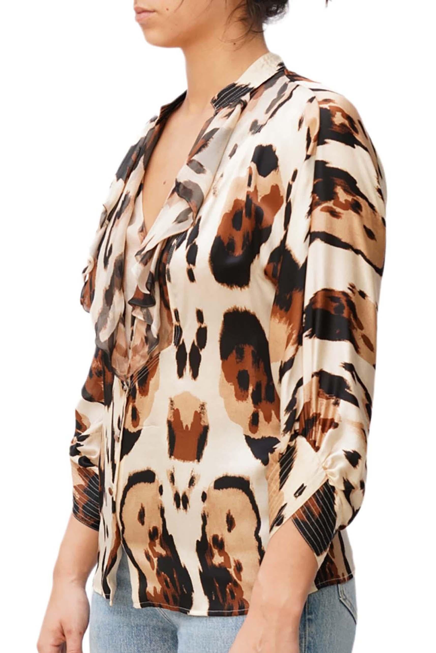 Women's 1990S ROBERTO CAVALLI Brown & Ivory Silk Blouse For Sale