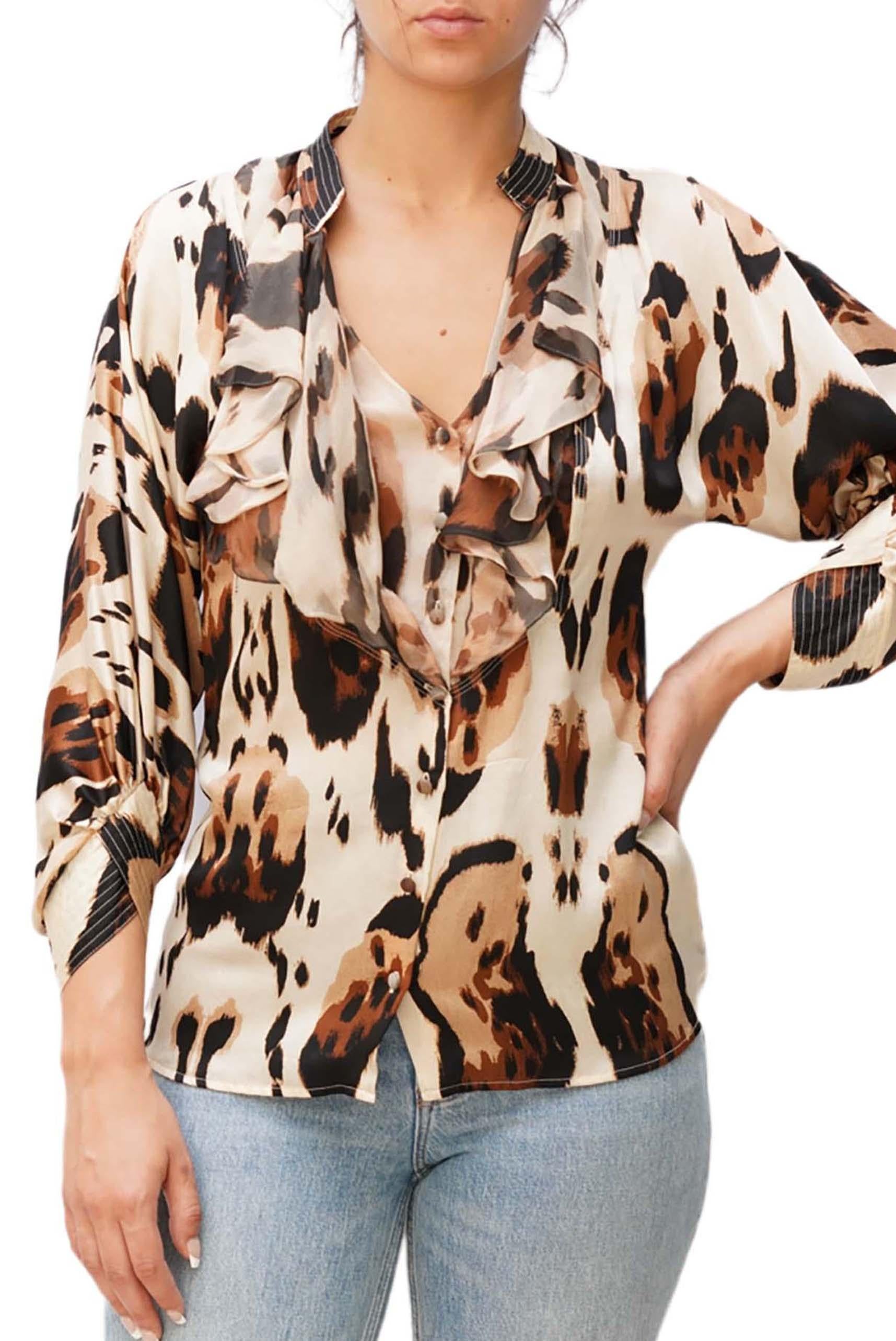 1990S ROBERTO CAVALLI Brown & Ivory Silk Blouse For Sale 1